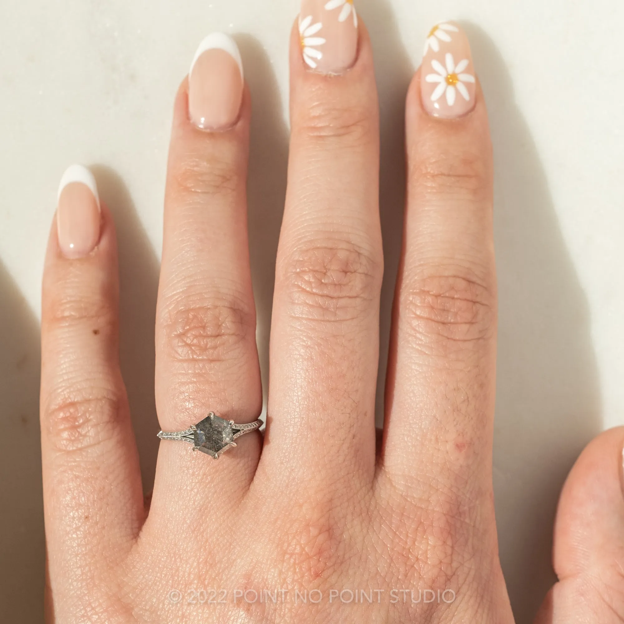 1.36 Carat Salt and Pepper Hexagon Diamond Engagement Ring, Mackenzie Setting, 14K White Gold
