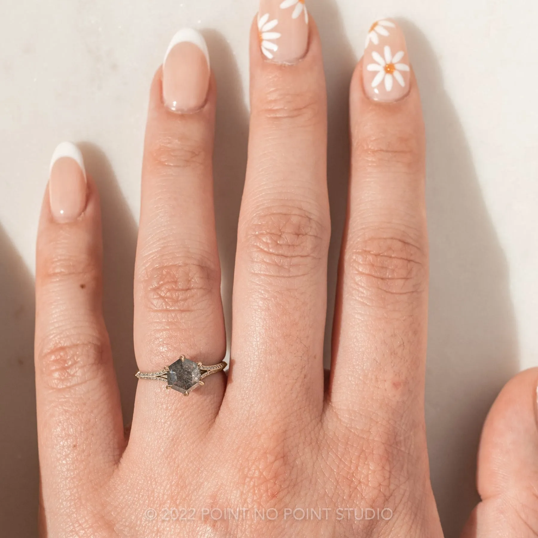 1.36 Carat Salt and Pepper Hexagon Diamond Engagement Ring, Mackenzie Setting, 14K Yellow Gold