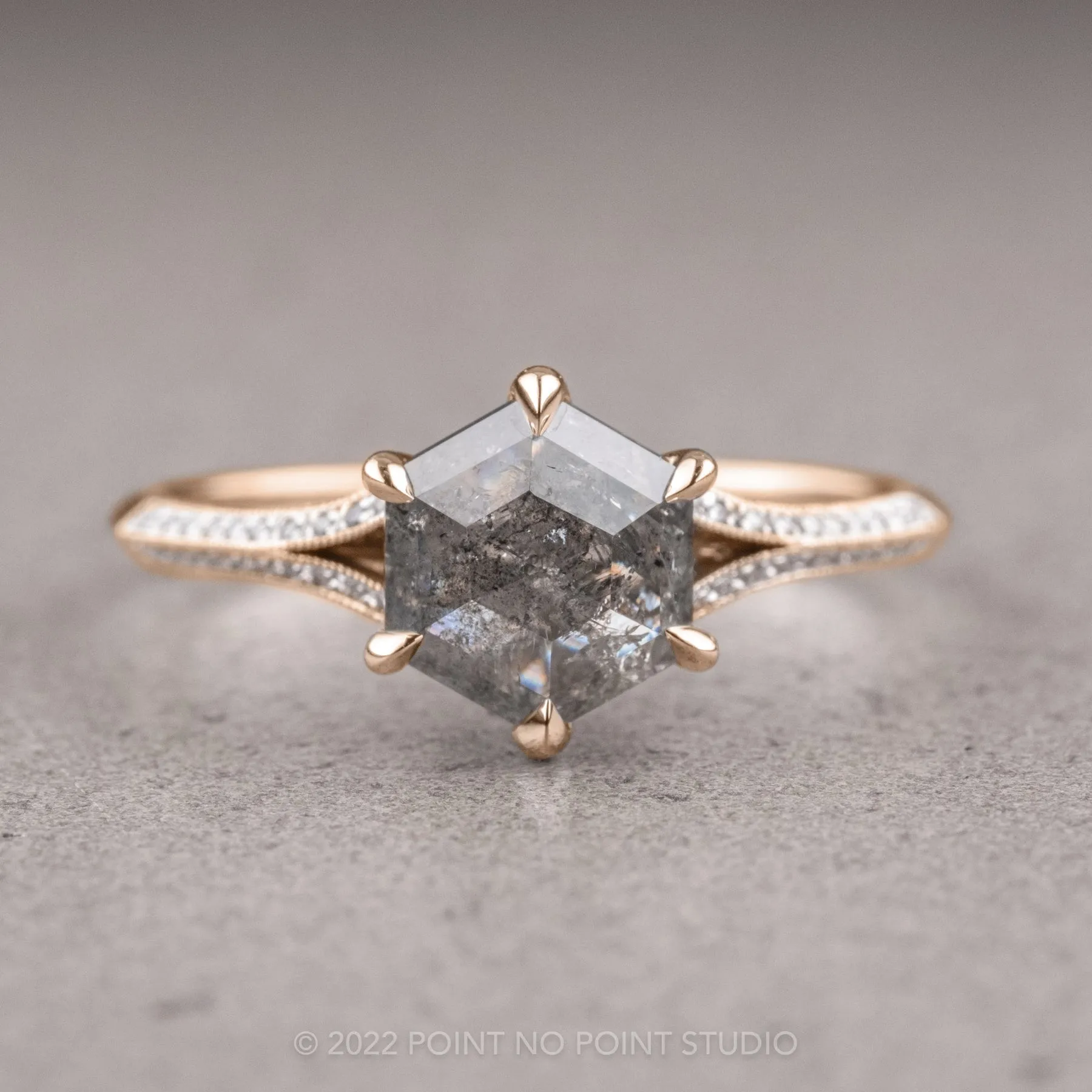 1.36 Carat Salt and Pepper Hexagon Diamond Engagement Ring, Mackenzie Setting, 14K Yellow Gold