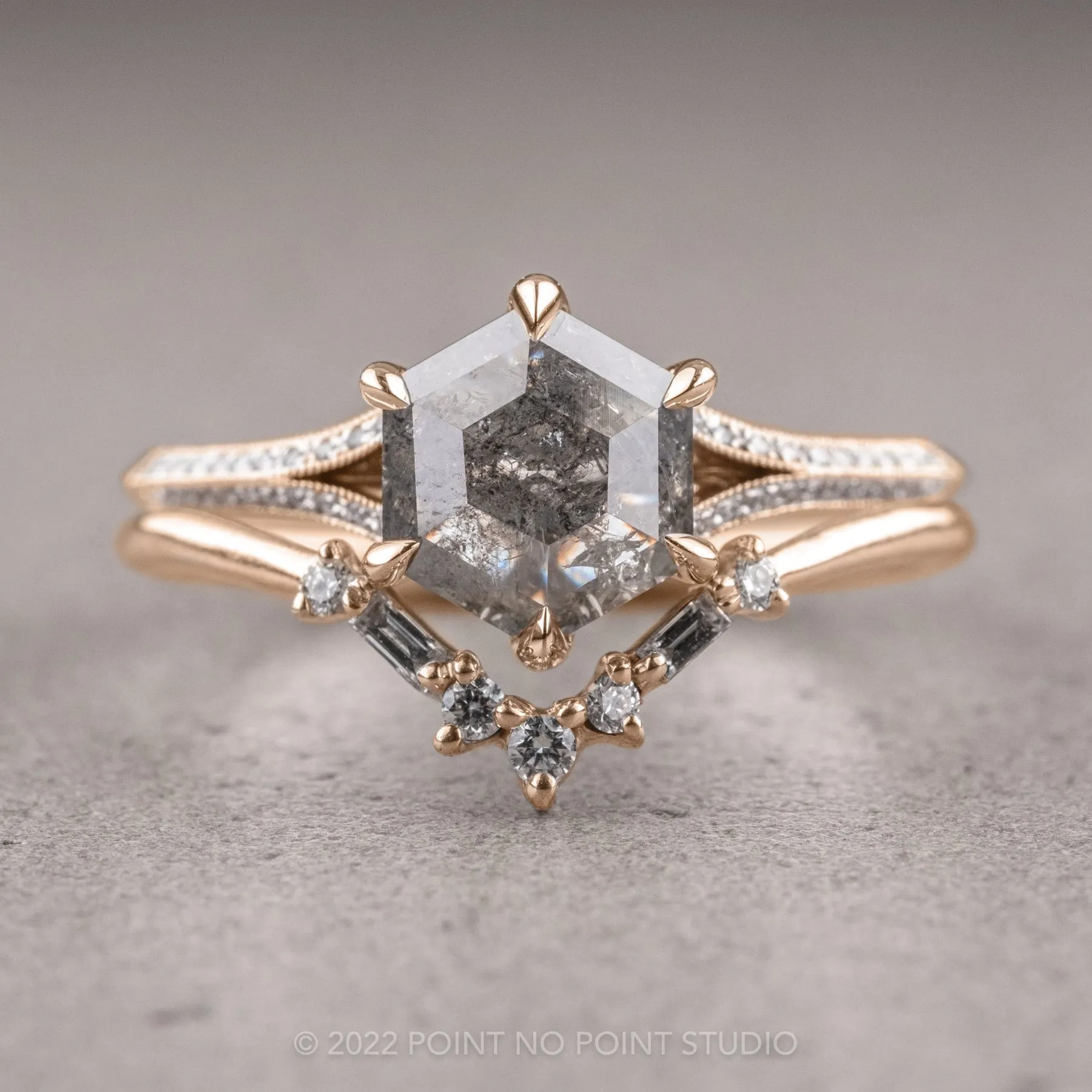 1.36 Carat Salt and Pepper Hexagon Diamond Engagement Ring, Mackenzie Setting, 14K Yellow Gold