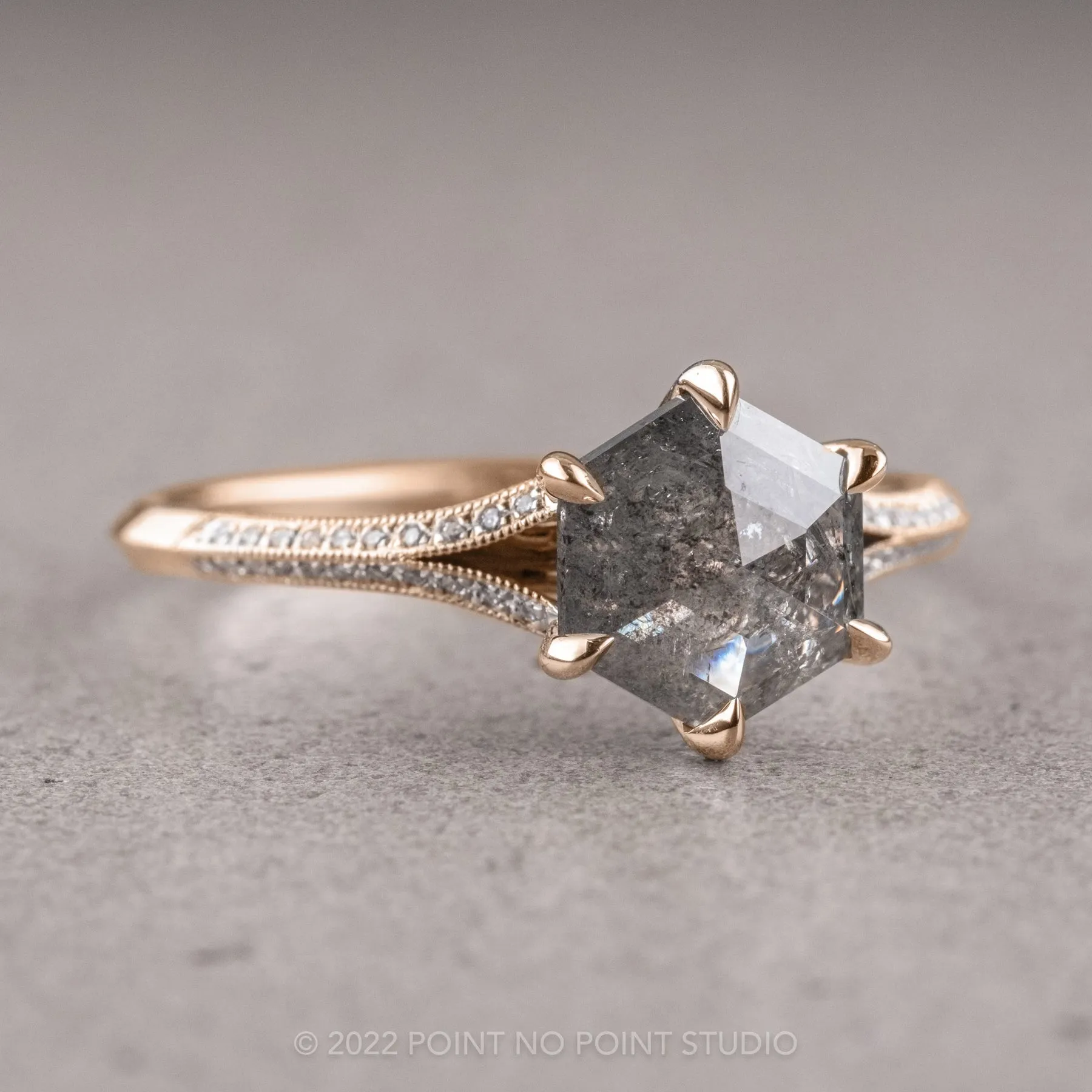 1.36 Carat Salt and Pepper Hexagon Diamond Engagement Ring, Mackenzie Setting, 14K Yellow Gold