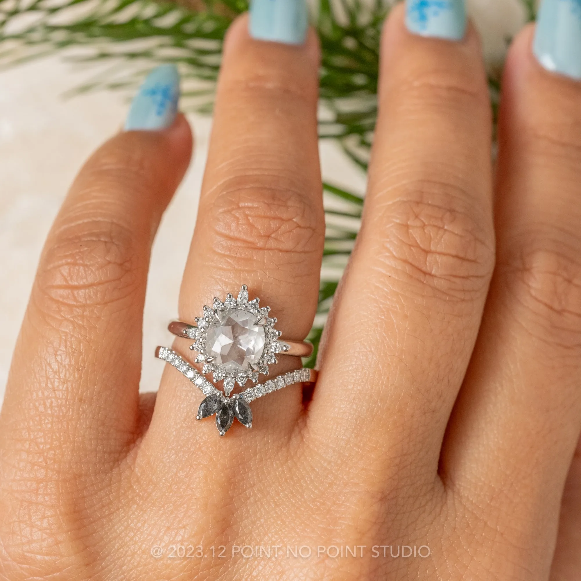1.37 Carat Icy Salt and Pepper Cushion Diamond Engagement Ring, Cosette Setting, 14k White Gold
