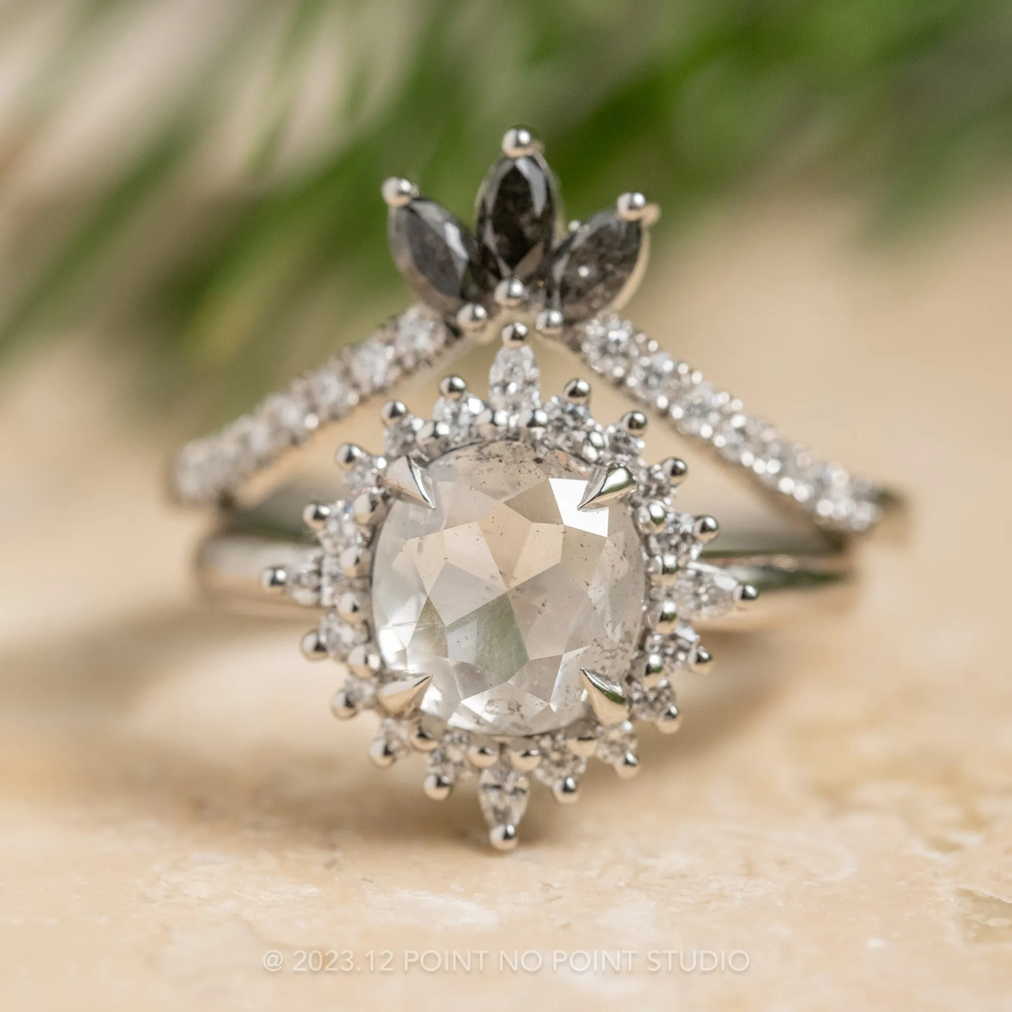 1.37 Carat Icy Salt and Pepper Cushion Diamond Engagement Ring, Cosette Setting, 14k White Gold