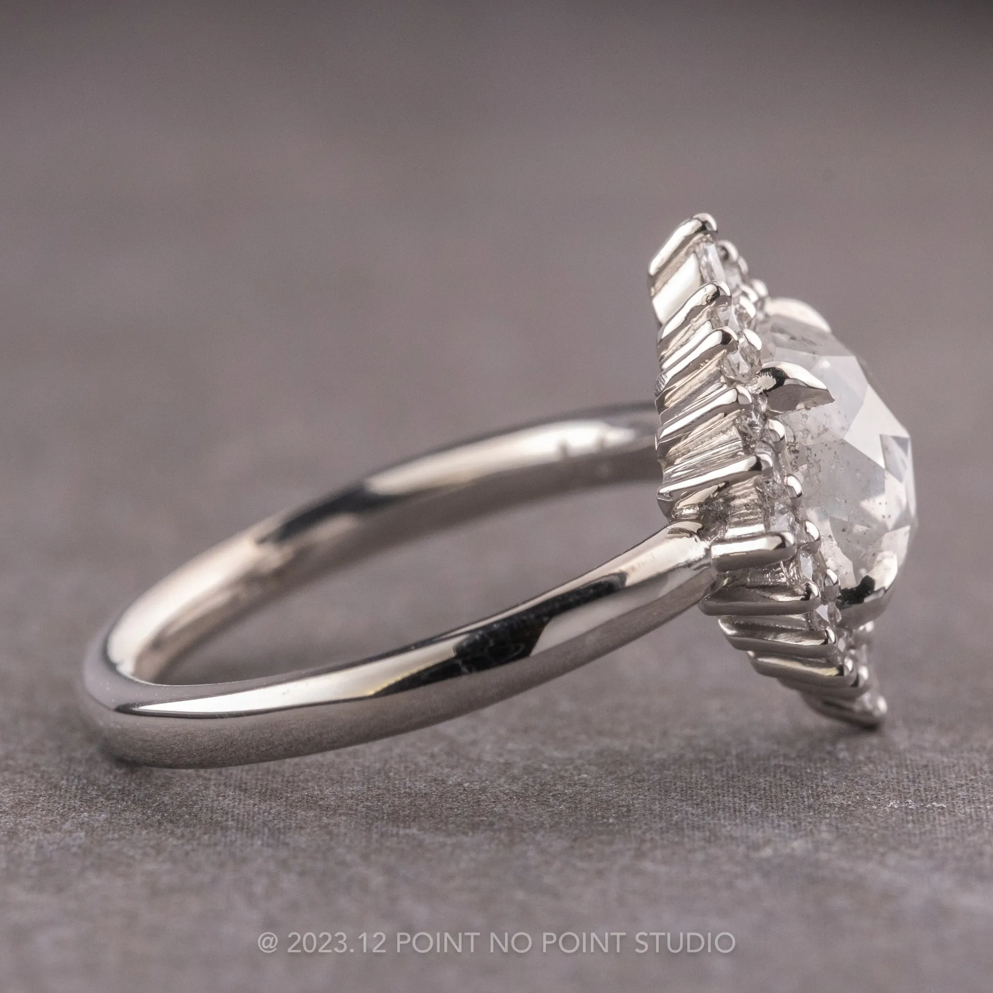 1.37 Carat Icy Salt and Pepper Cushion Diamond Engagement Ring, Cosette Setting, 14k White Gold