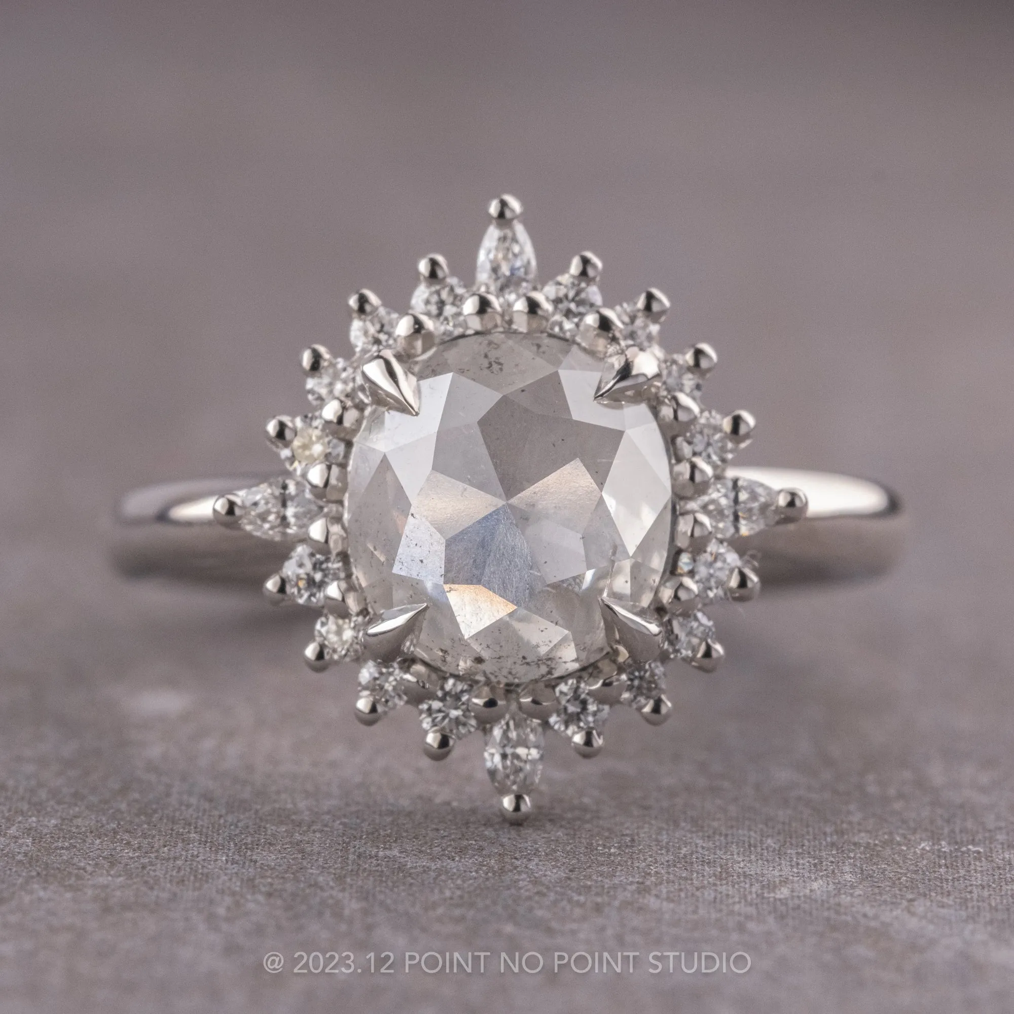 1.37 Carat Icy Salt and Pepper Cushion Diamond Engagement Ring, Cosette Setting, 14k White Gold