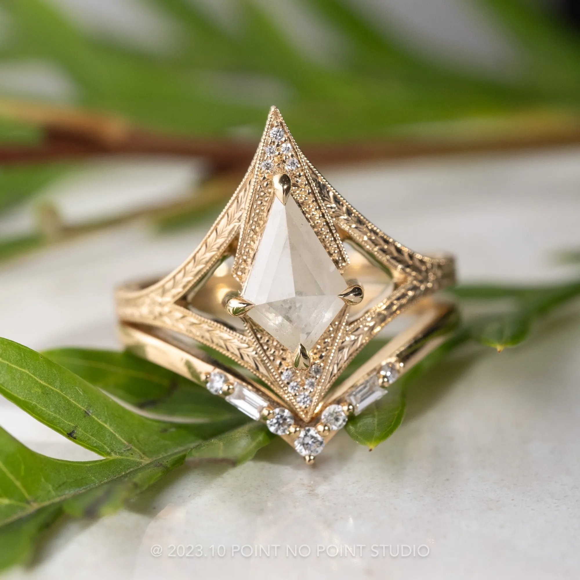 1.38 Carat Icy White Kite Diamond Engagement Ring, Engraved Arwen Setting, 14K Yellow Gold