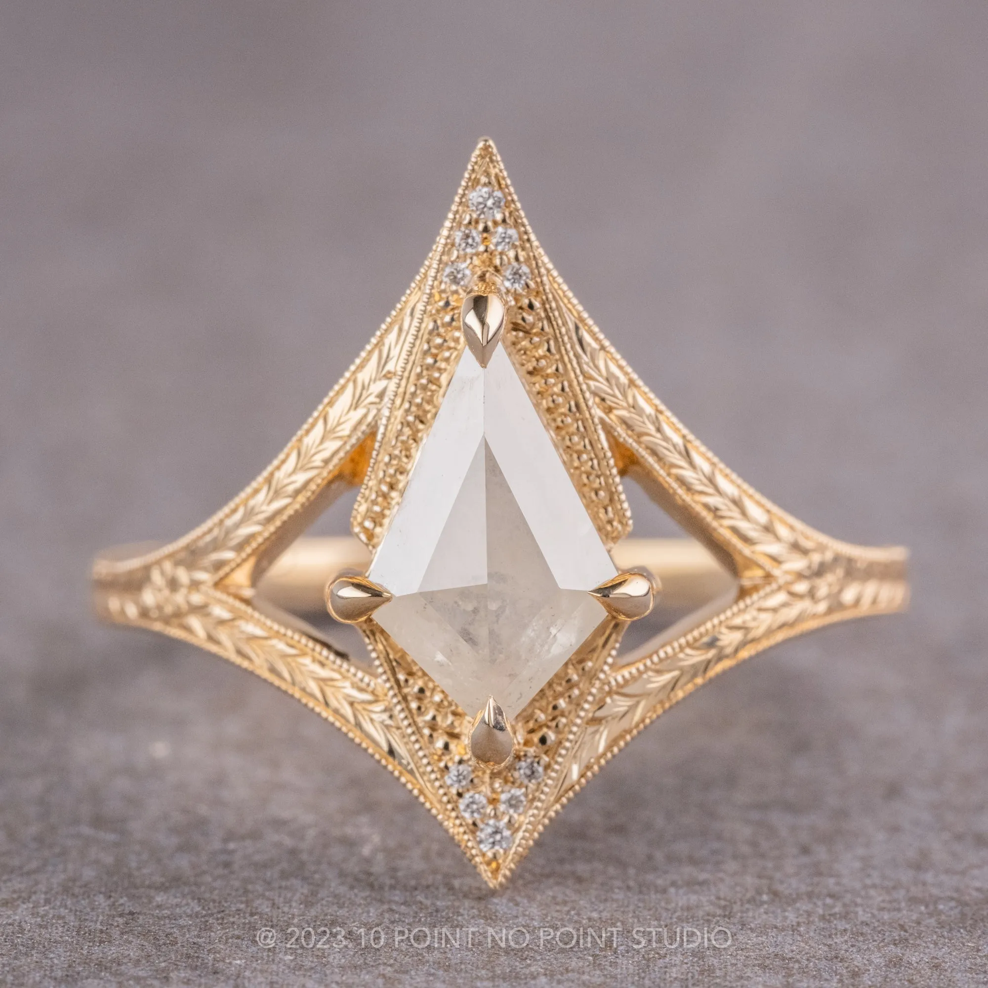 1.38 Carat Icy White Kite Diamond Engagement Ring, Engraved Arwen Setting, 14K Yellow Gold