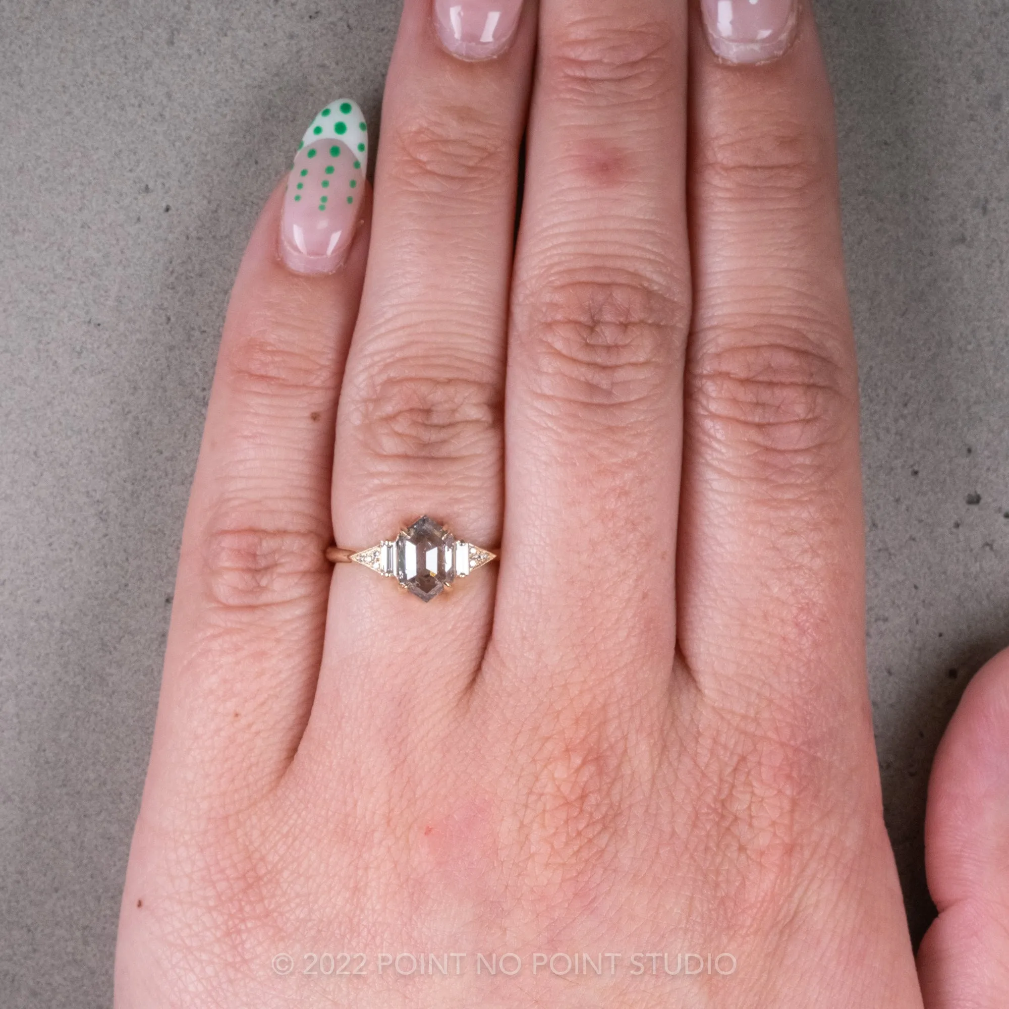 1.38 Carat Salt and Pepper Hexagon Diamond Engagement Ring, Azalea Setting, 14K Yellow Gold