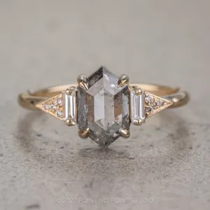 1.38 Carat Salt and Pepper Hexagon Diamond Engagement Ring, Azalea Setting, 14K Yellow Gold
