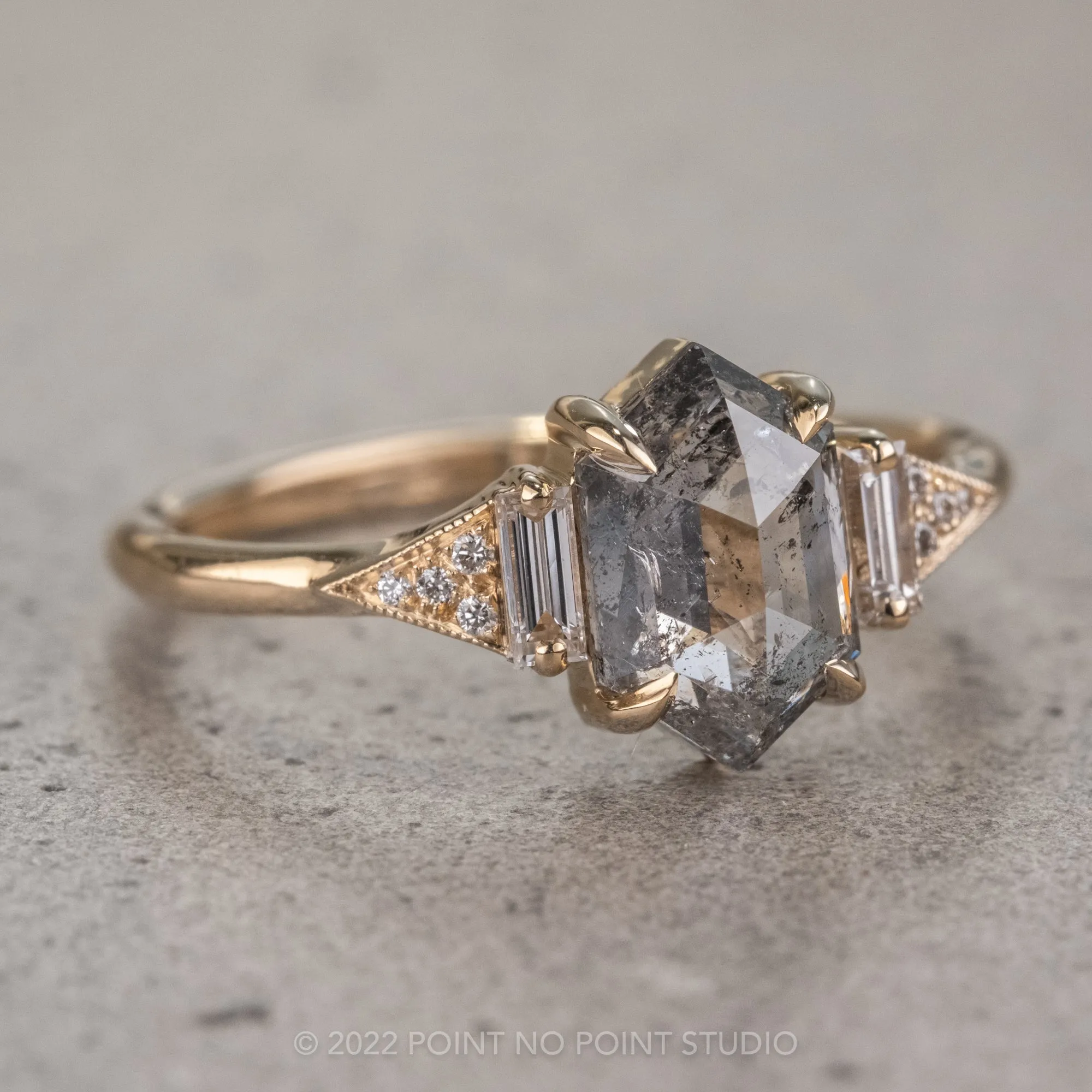 1.38 Carat Salt and Pepper Hexagon Diamond Engagement Ring, Azalea Setting, 14K Yellow Gold