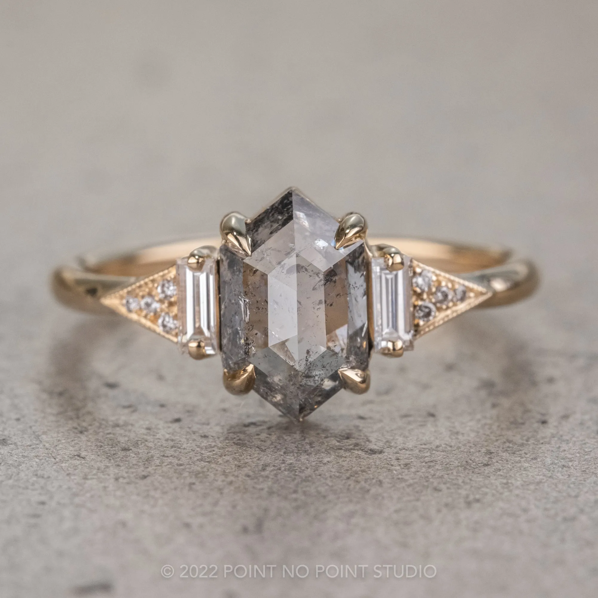1.38 Carat Salt and Pepper Hexagon Diamond Engagement Ring, Azalea Setting, 14K Yellow Gold