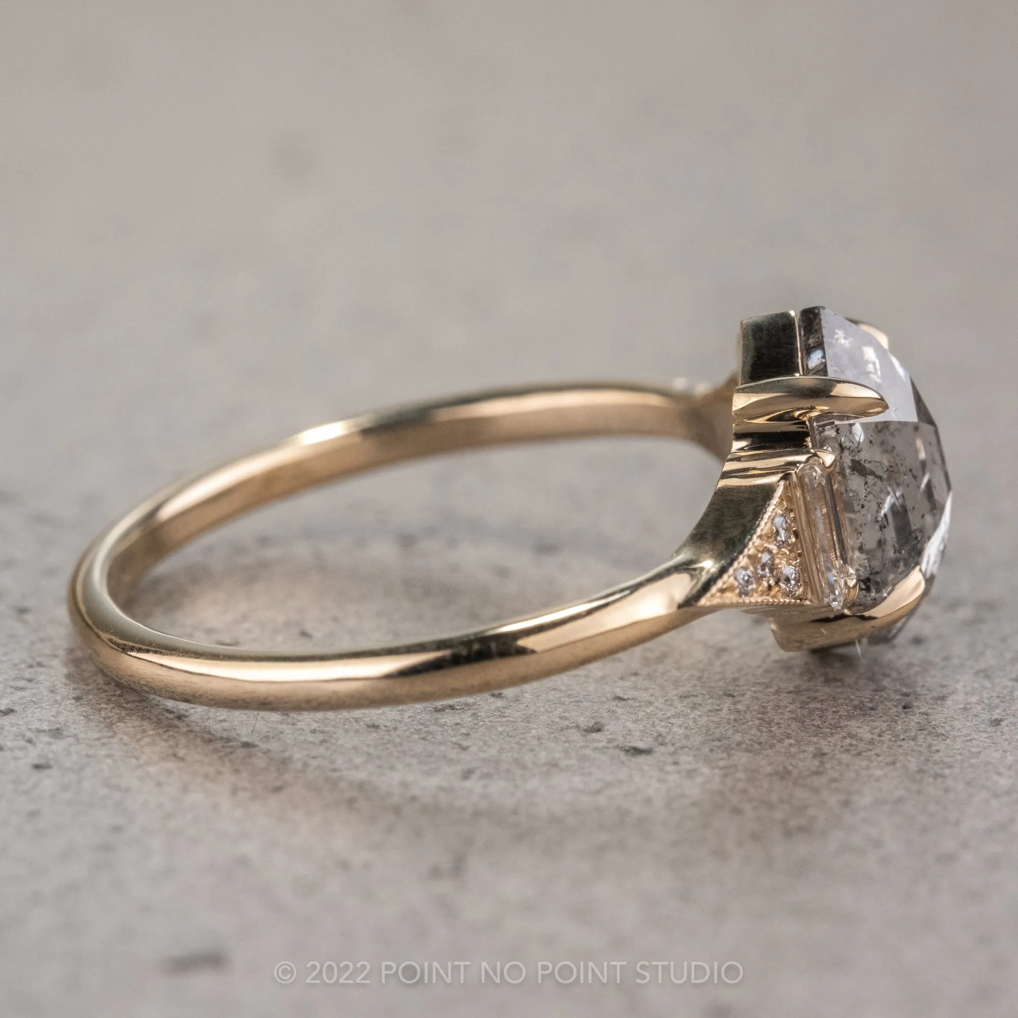 1.38 Carat Salt and Pepper Hexagon Diamond Engagement Ring, Azalea Setting, 14K Yellow Gold