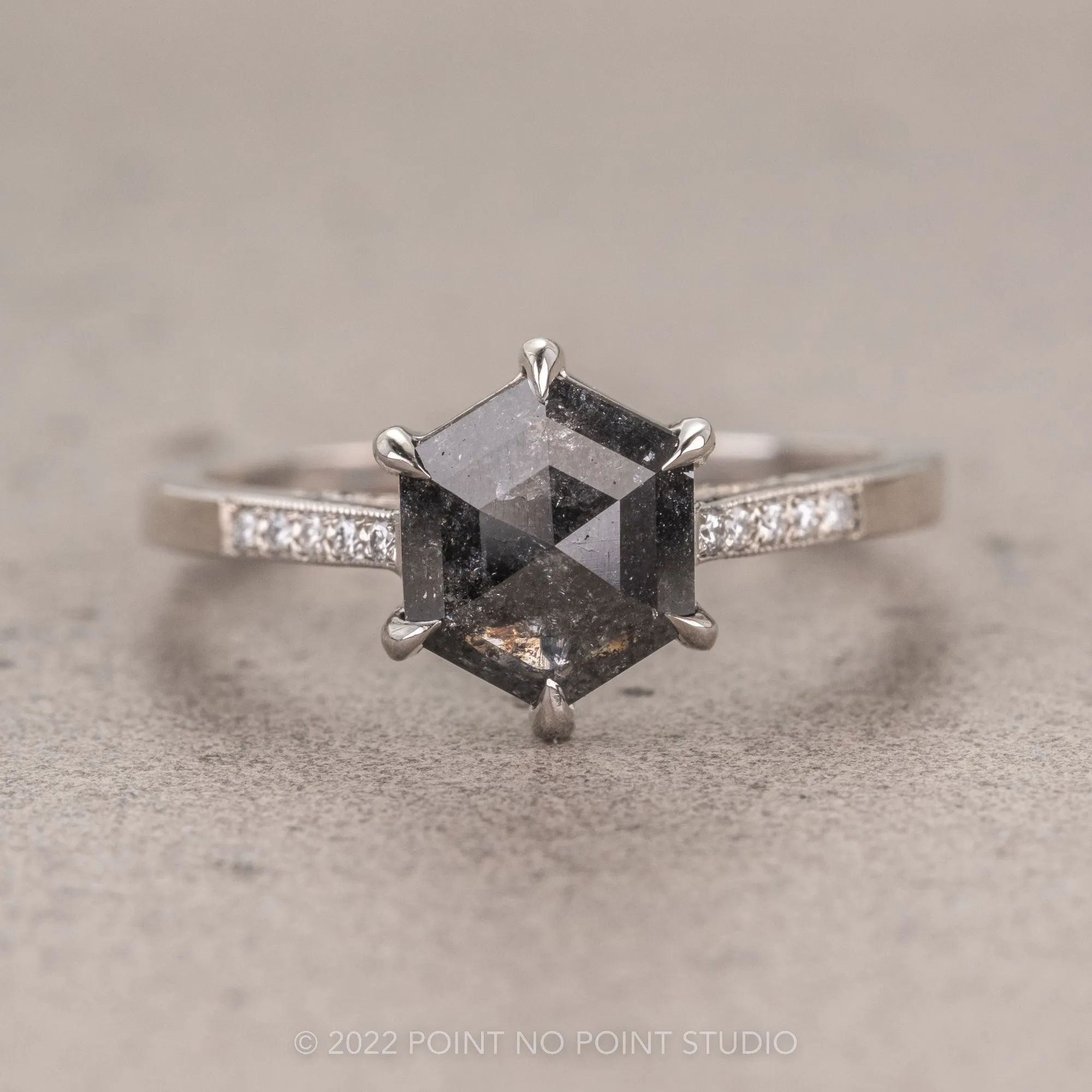 1.39 Carat Salt and Pepper Hexagon Diamond Engagement Ring, Mauve Setting, Platinum