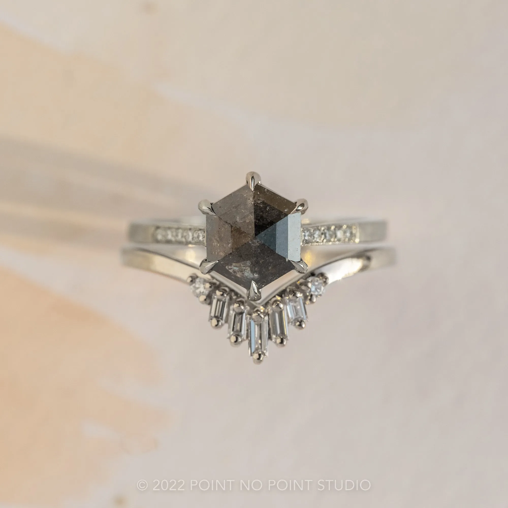 1.39 Carat Salt and Pepper Hexagon Diamond Engagement Ring, Mauve Setting, Platinum