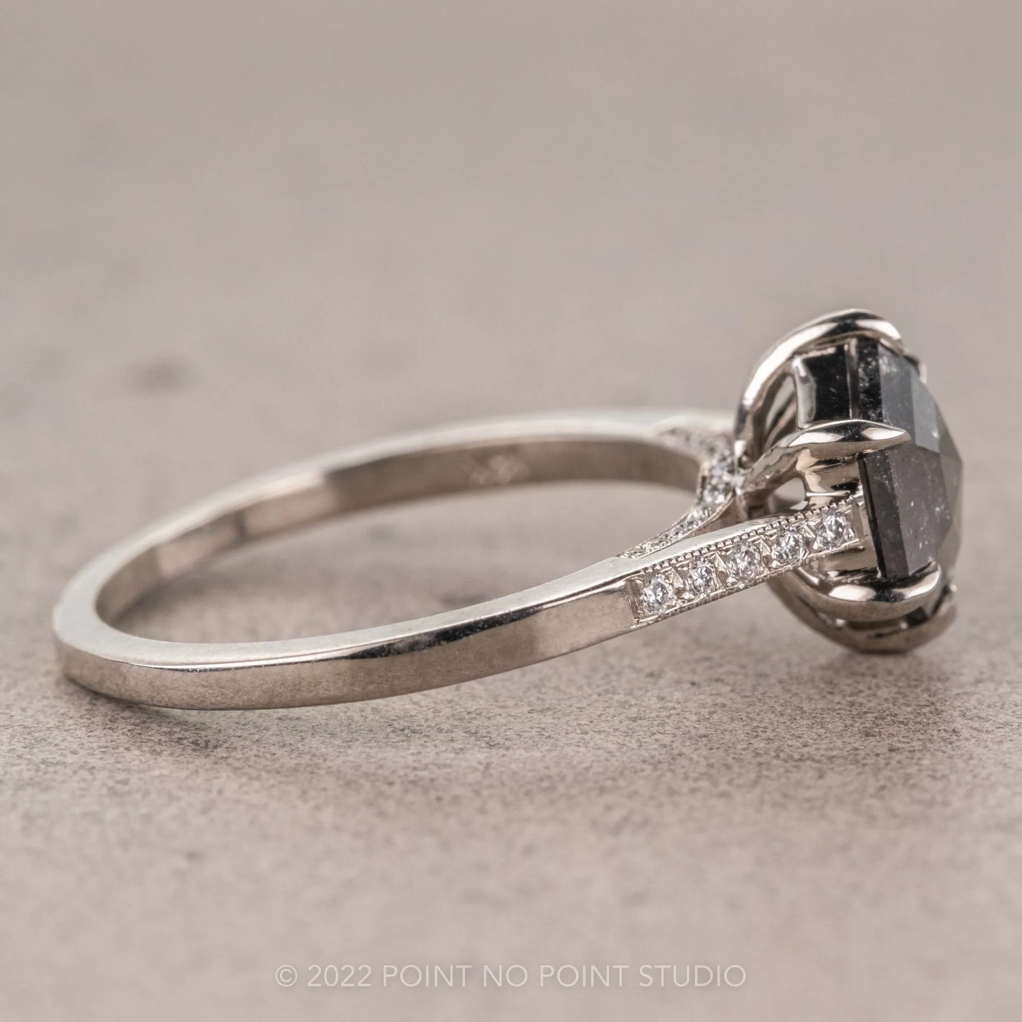 1.39 Carat Salt and Pepper Hexagon Diamond Engagement Ring, Mauve Setting, Platinum