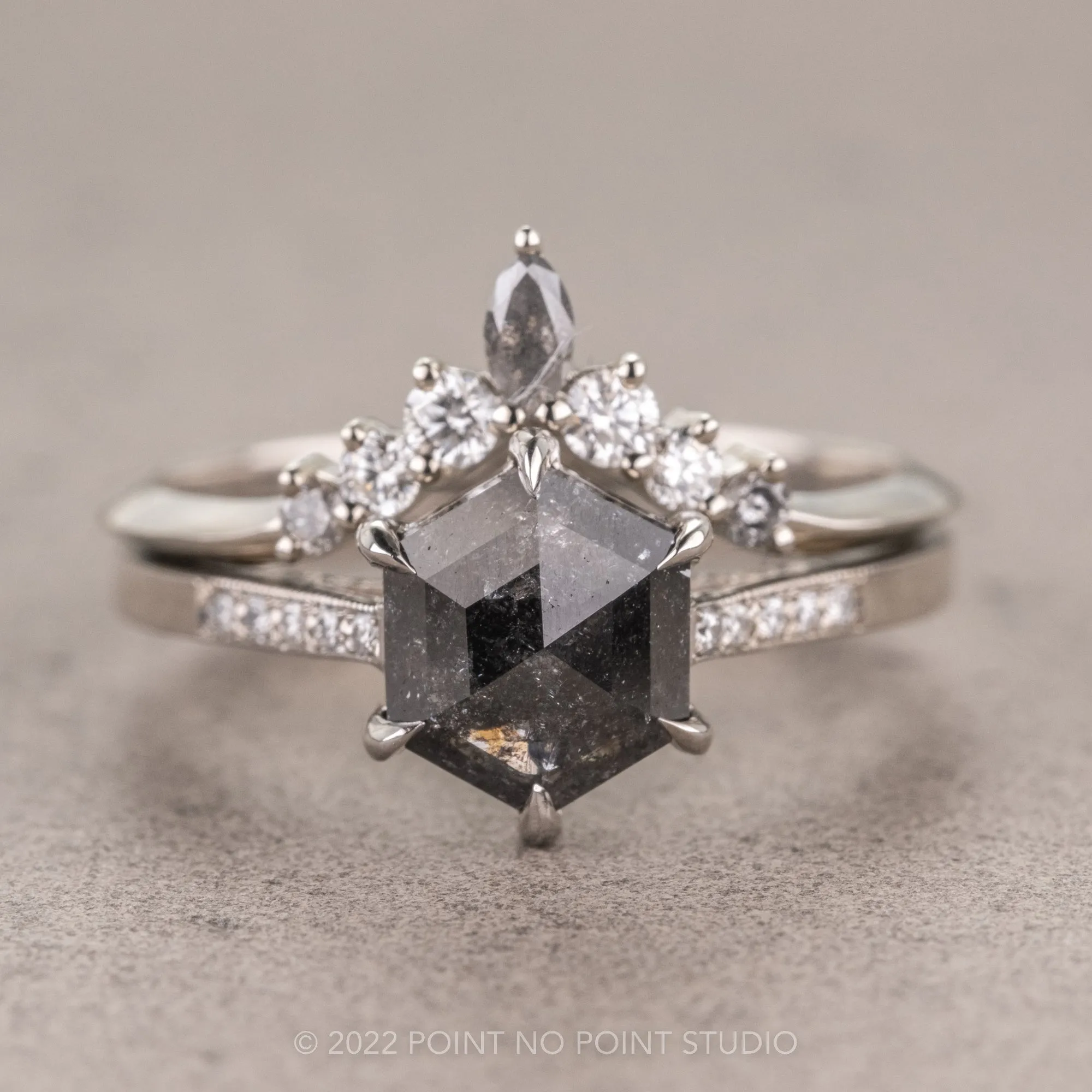 1.39 Carat Salt and Pepper Hexagon Diamond Engagement Ring, Mauve Setting, Platinum