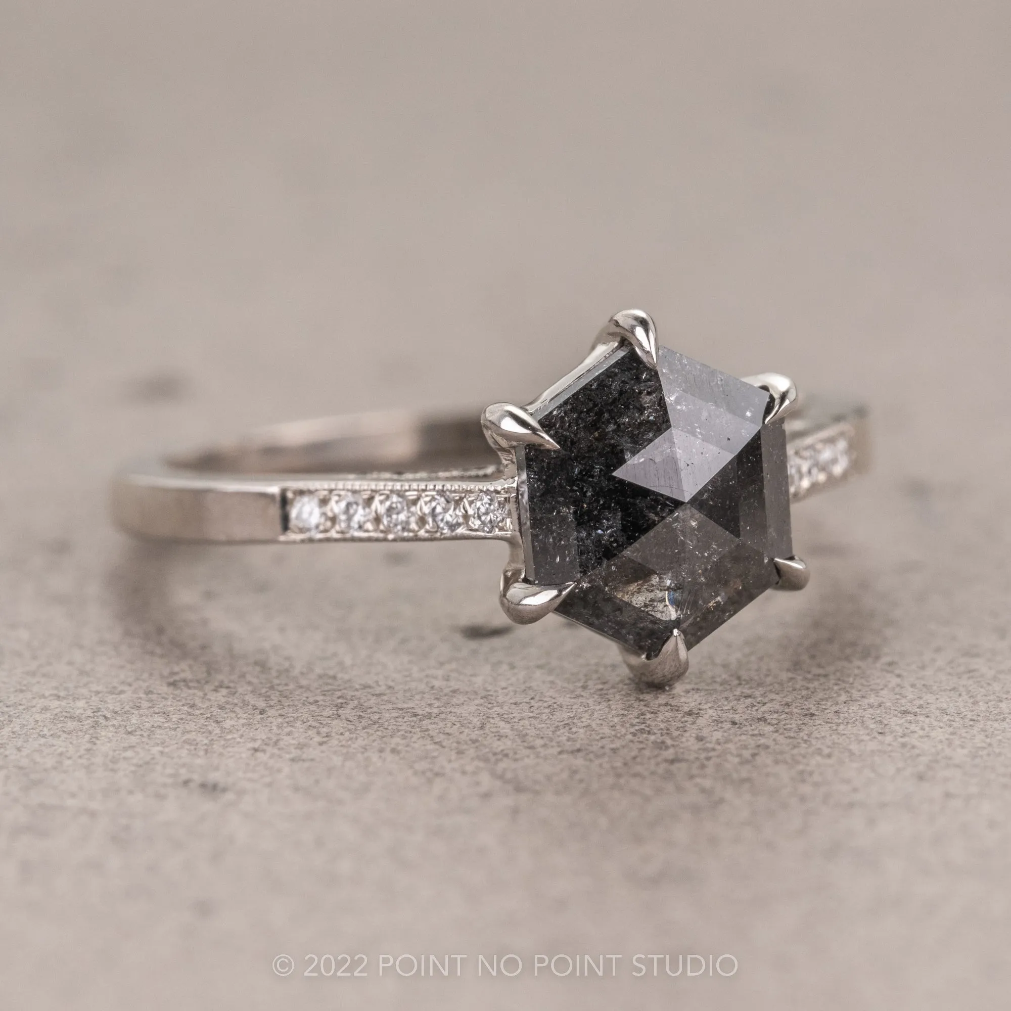 1.39 Carat Salt and Pepper Hexagon Diamond Engagement Ring, Mauve Setting, Platinum
