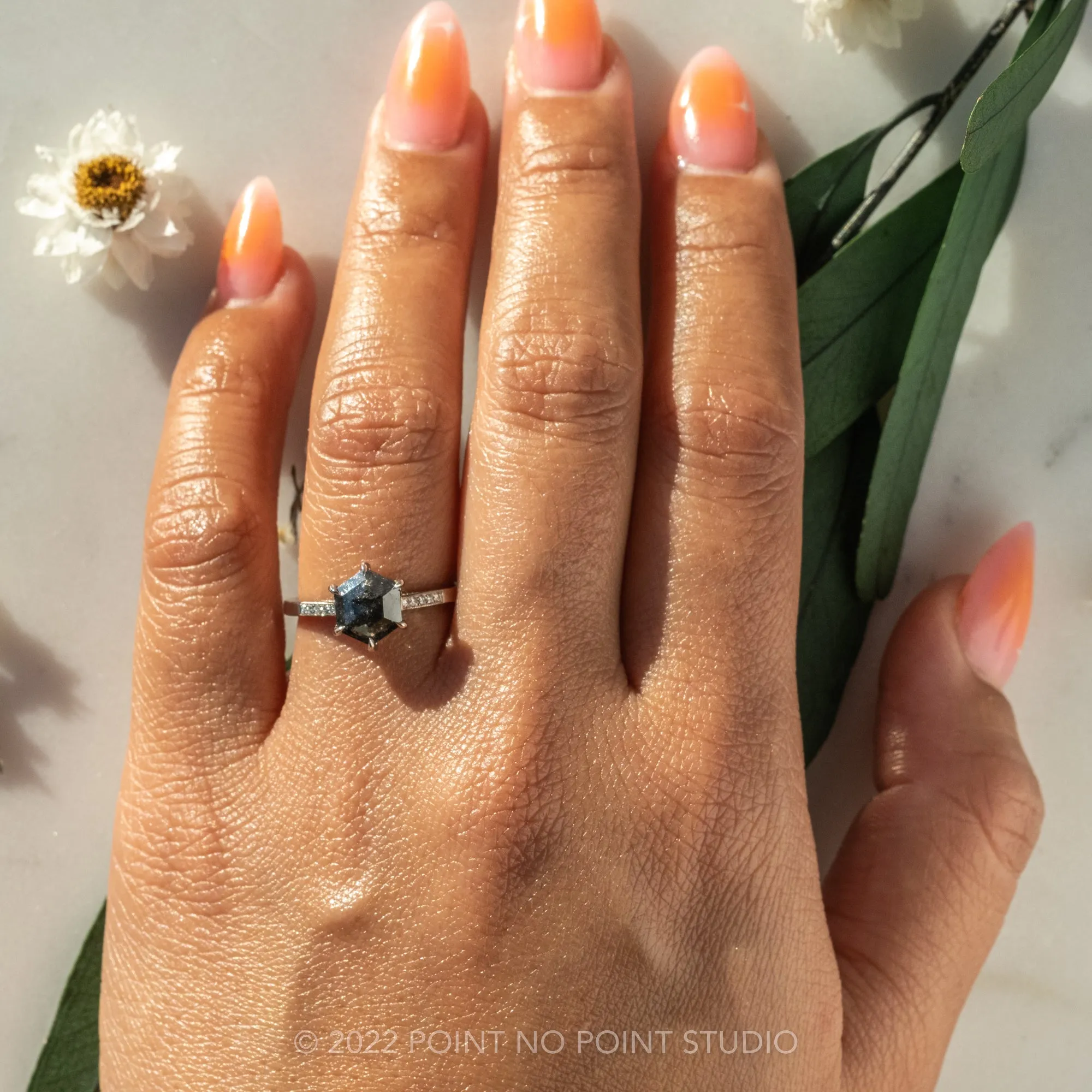 1.39 Carat Salt and Pepper Hexagon Diamond Engagement Ring, Mauve Setting, Platinum