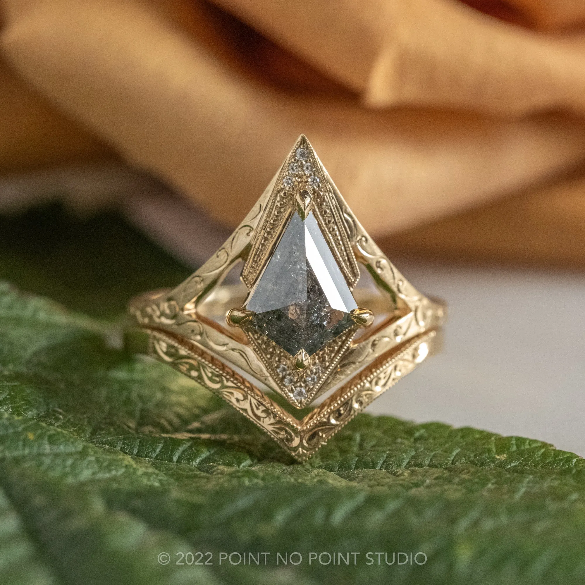1.39 Carat Salt and Pepper Kite Diamond Engagement Ring, Arwen Setting, 14K Yellow Gold