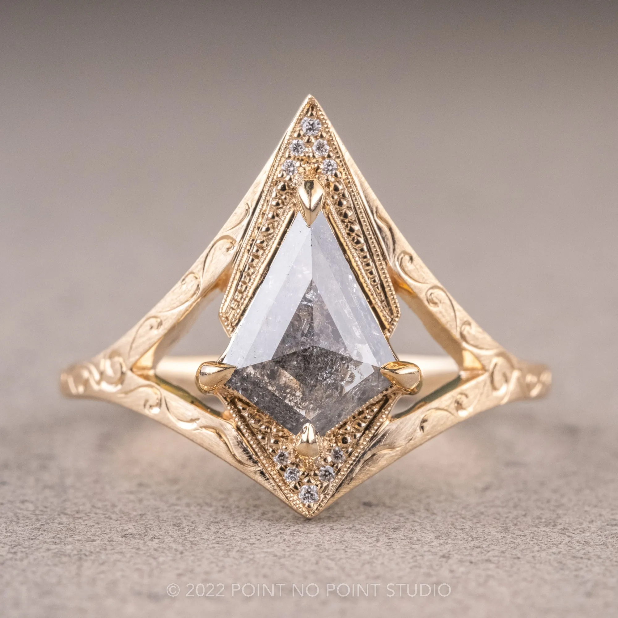1.39 Carat Salt and Pepper Kite Diamond Engagement Ring, Arwen Setting, 14K Yellow Gold