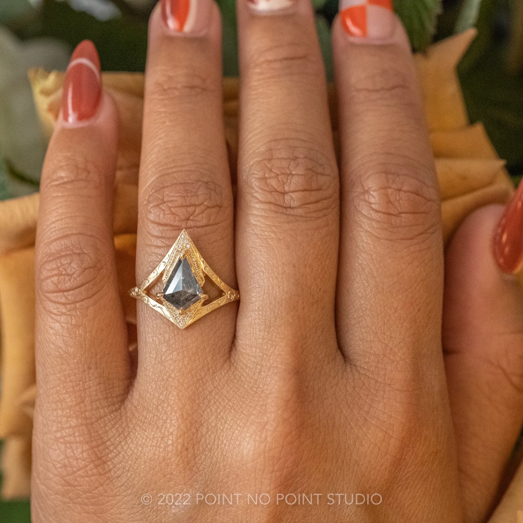 1.39 Carat Salt and Pepper Kite Diamond Engagement Ring, Arwen Setting, 14K Yellow Gold
