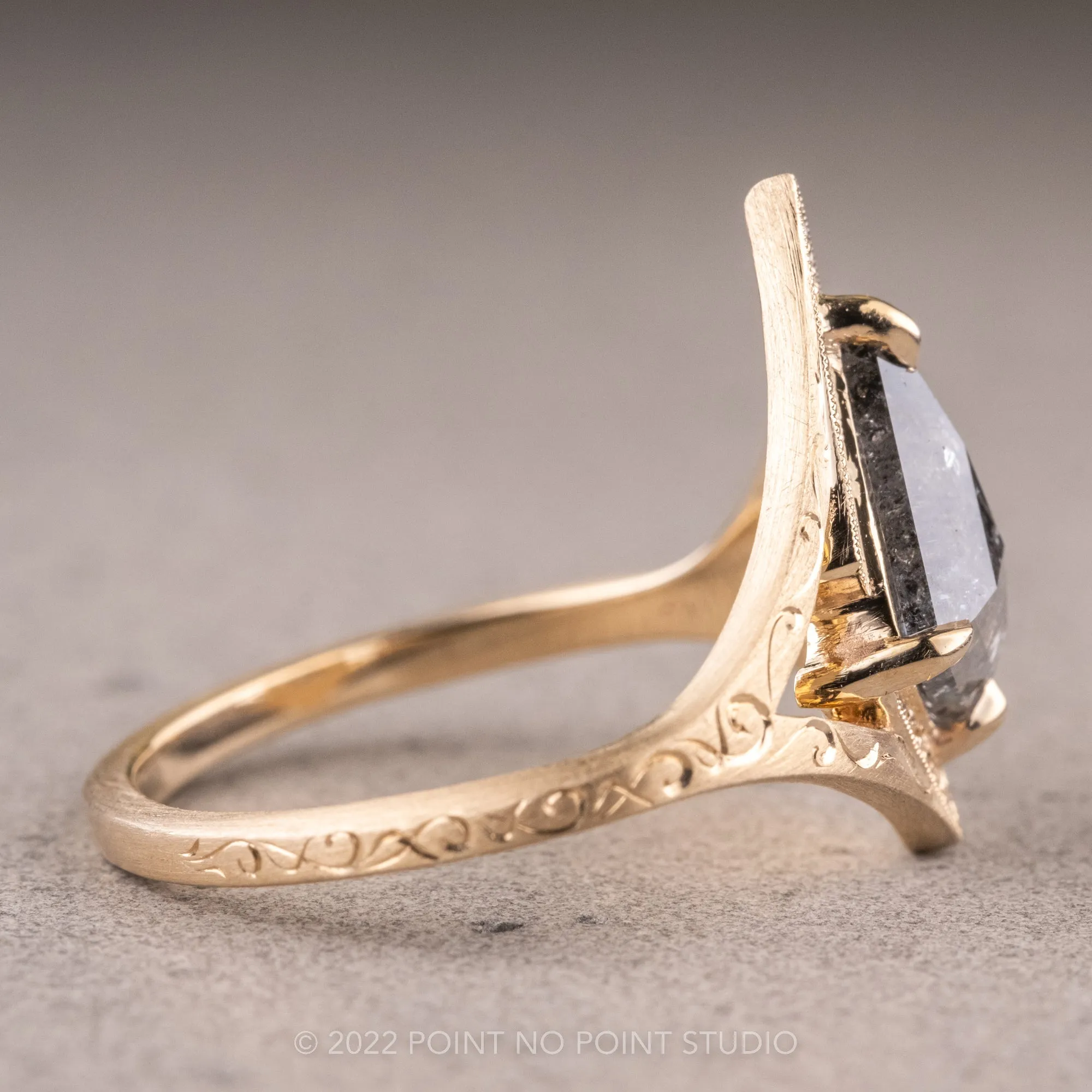 1.39 Carat Salt and Pepper Kite Diamond Engagement Ring, Arwen Setting, 14K Yellow Gold