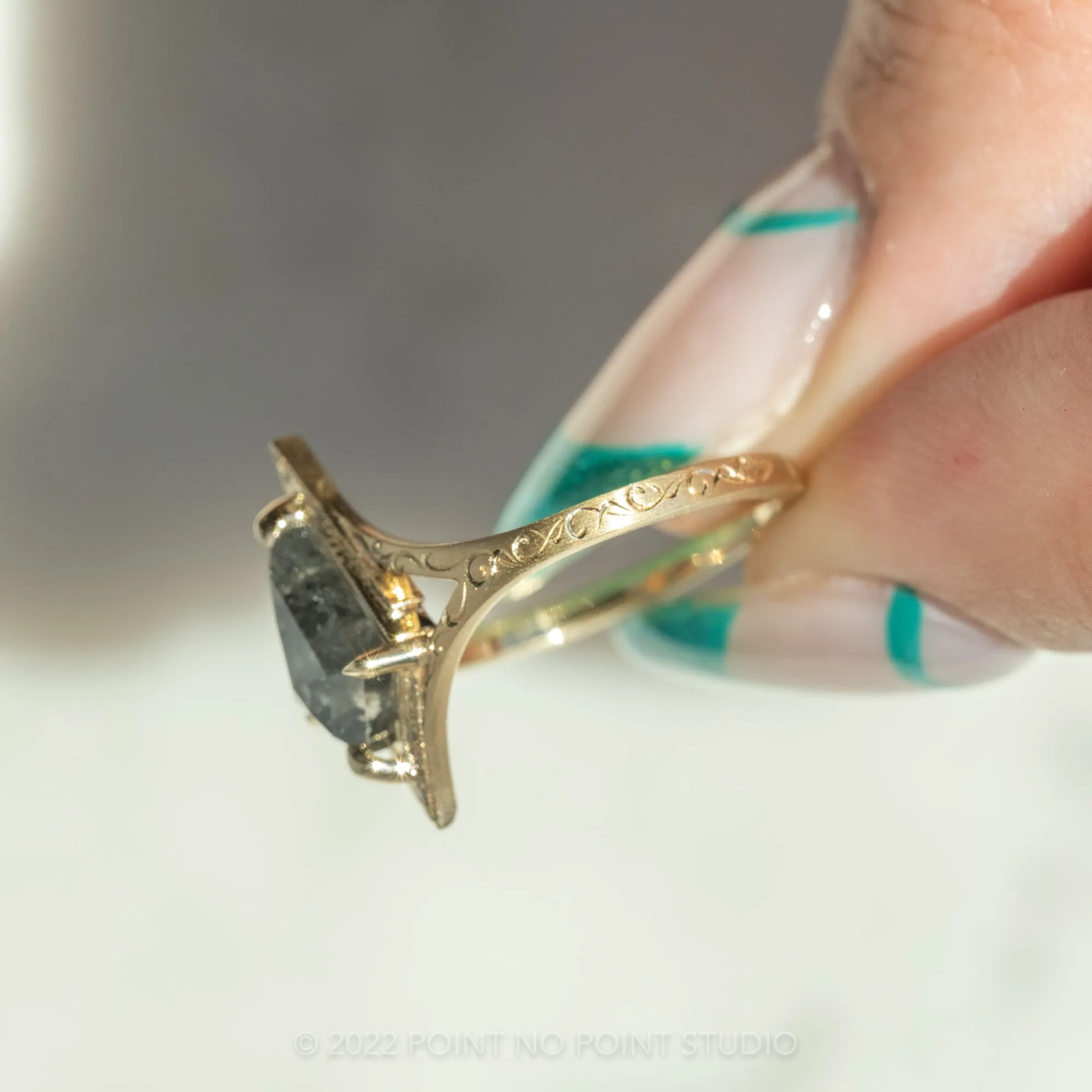 1.39 Carat Salt and Pepper Kite Diamond Engagement Ring, Arwen Setting, 14K Yellow Gold