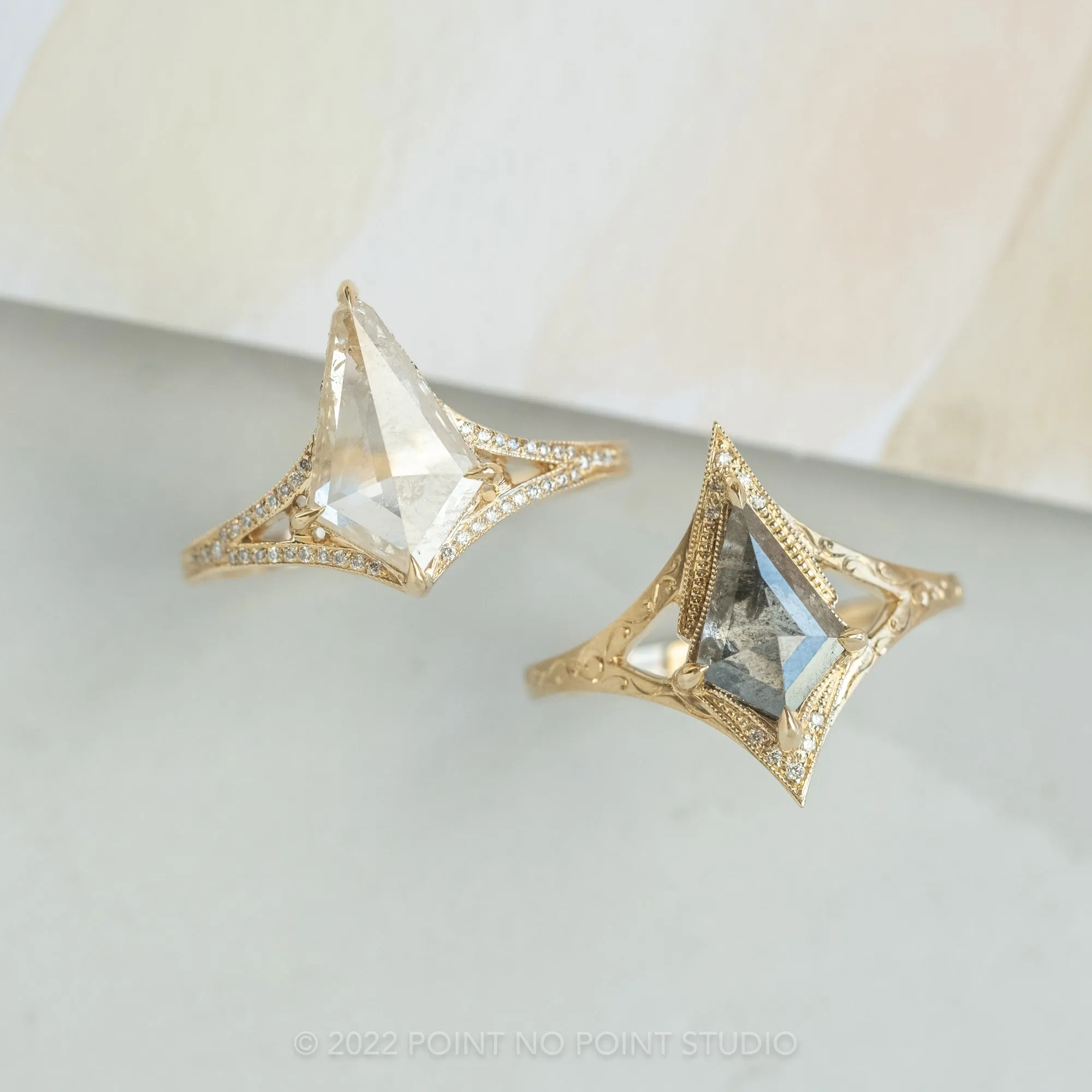 1.39 Carat Salt and Pepper Kite Diamond Engagement Ring, Arwen Setting, 14K Yellow Gold