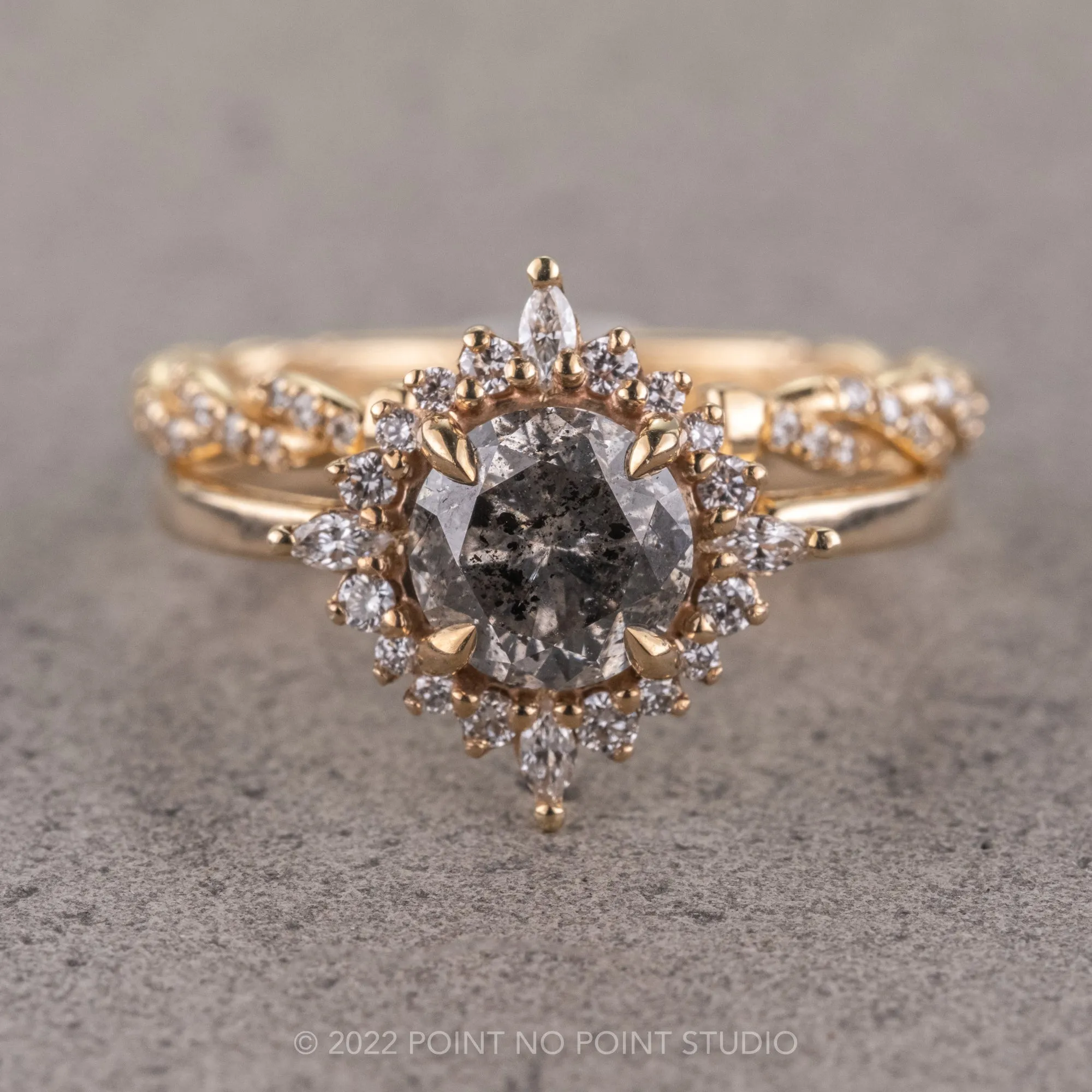 1.40 Carat Salt and Pepper Diamond Engagement Ring, Cosette Setting, 14k Yellow Gold