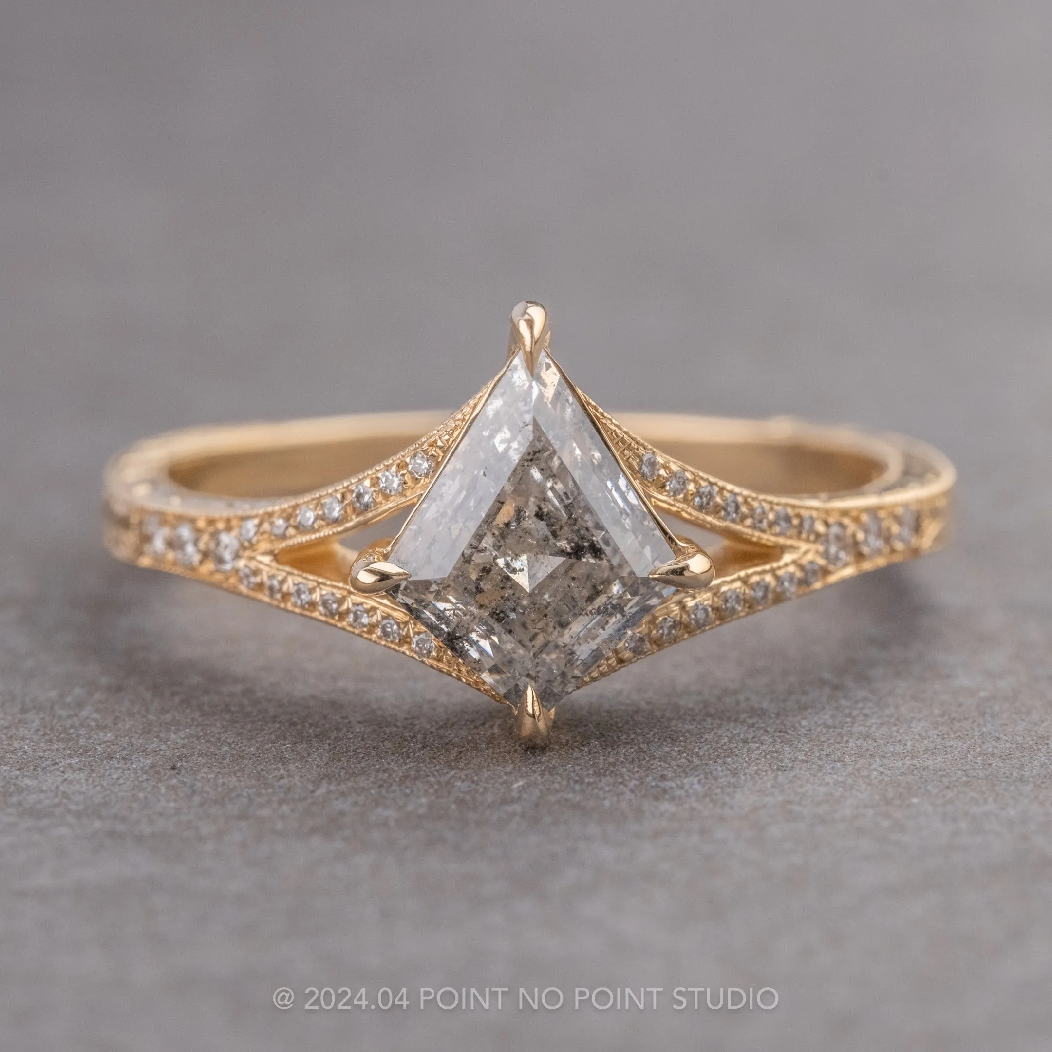 1.42 Carat Canadian Salt and Pepper Kite Diamond Engagement Ring, Engraved River Setting, 14k Yellow Gold
