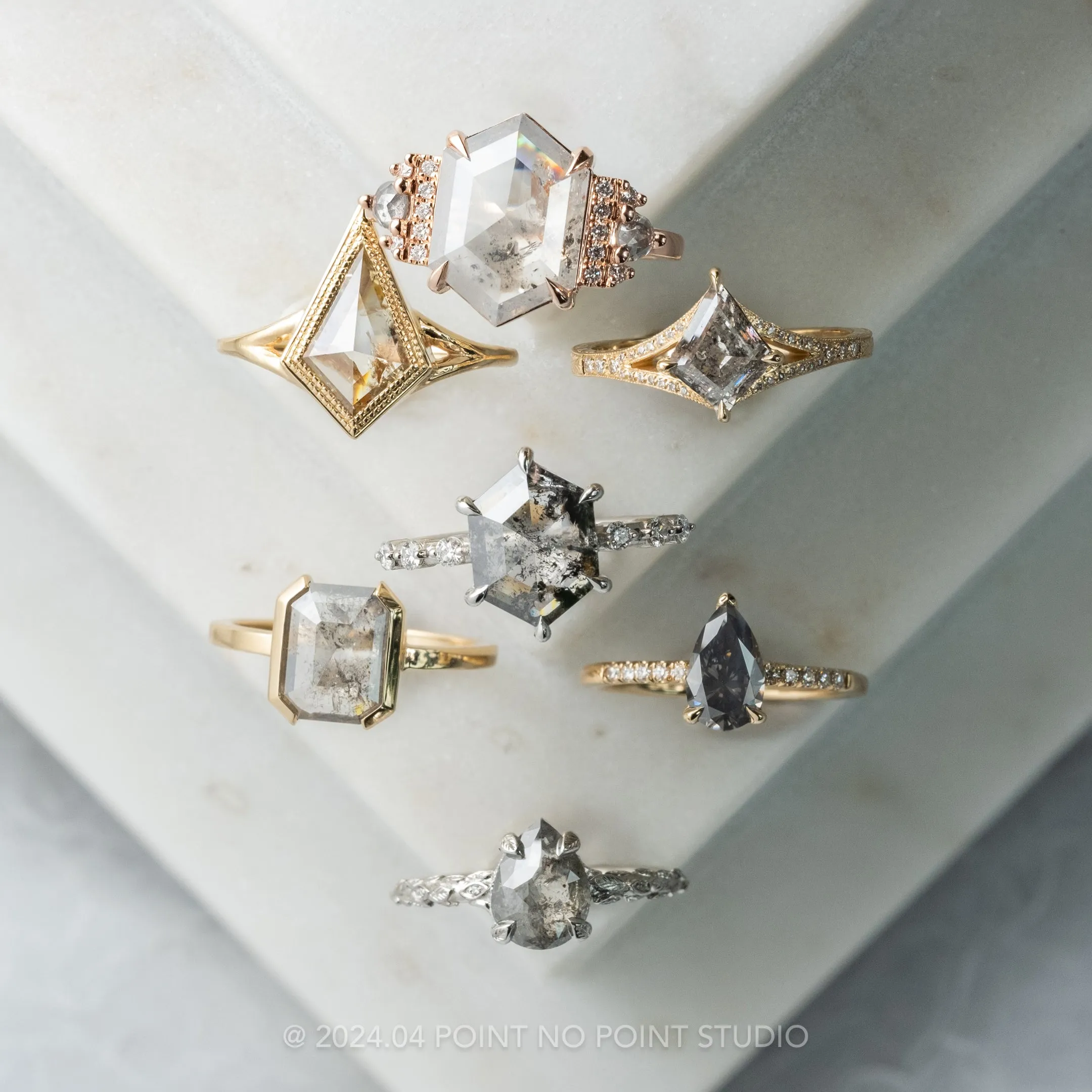 1.42 Carat Canadian Salt and Pepper Kite Diamond Engagement Ring, Engraved River Setting, 14k Yellow Gold