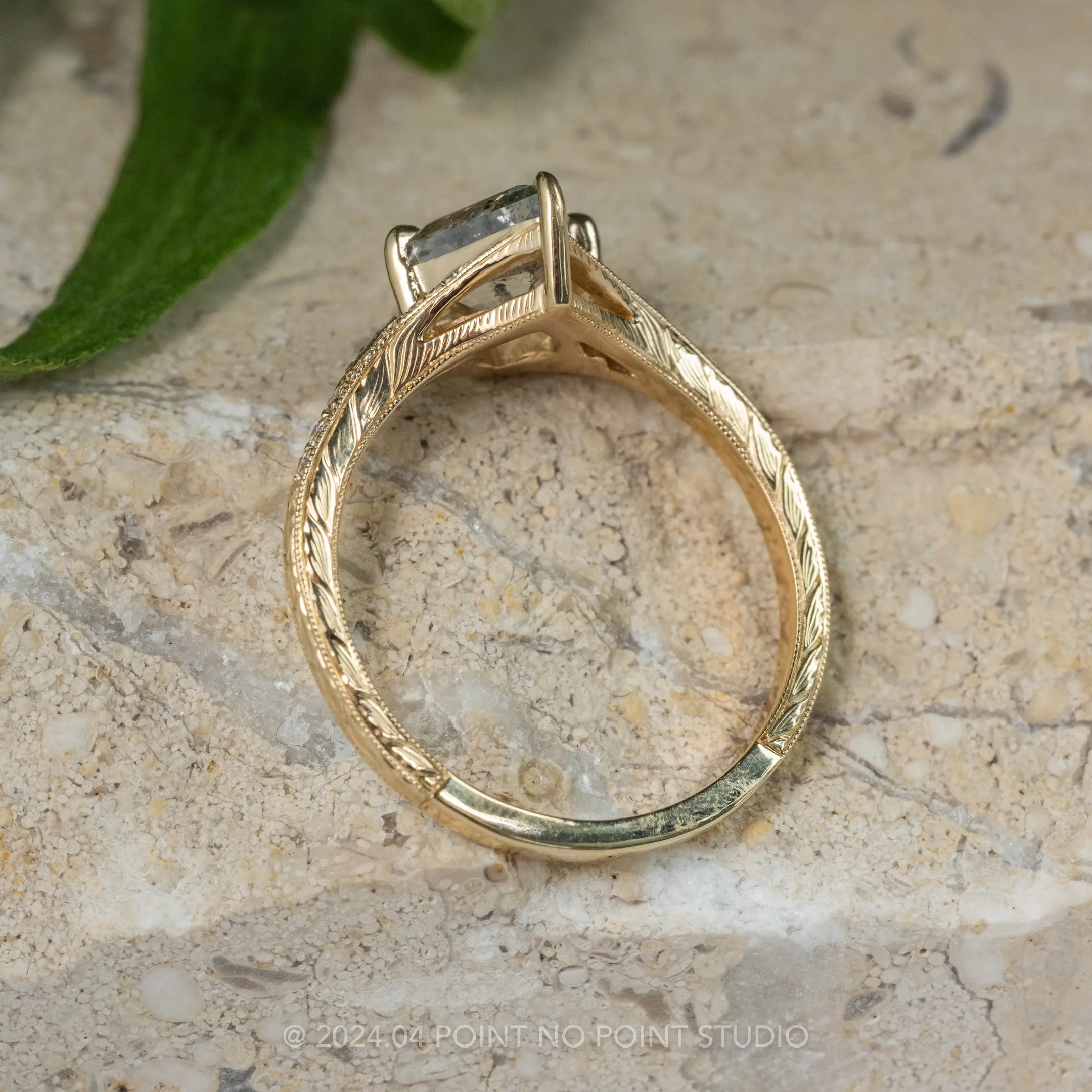 1.42 Carat Canadian Salt and Pepper Kite Diamond Engagement Ring, Engraved River Setting, 14k Yellow Gold