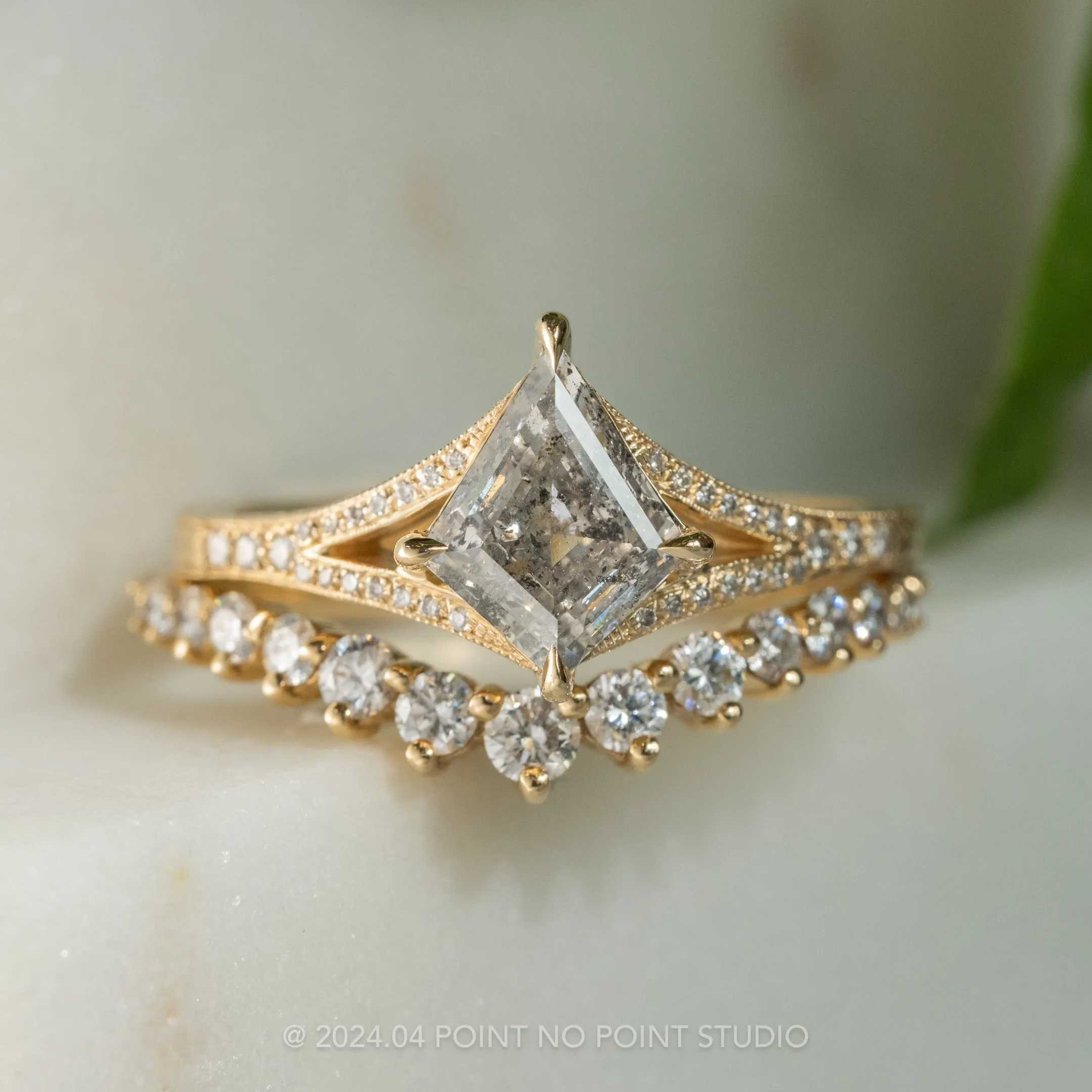 1.42 Carat Canadian Salt and Pepper Kite Diamond Engagement Ring, Engraved River Setting, 14k Yellow Gold