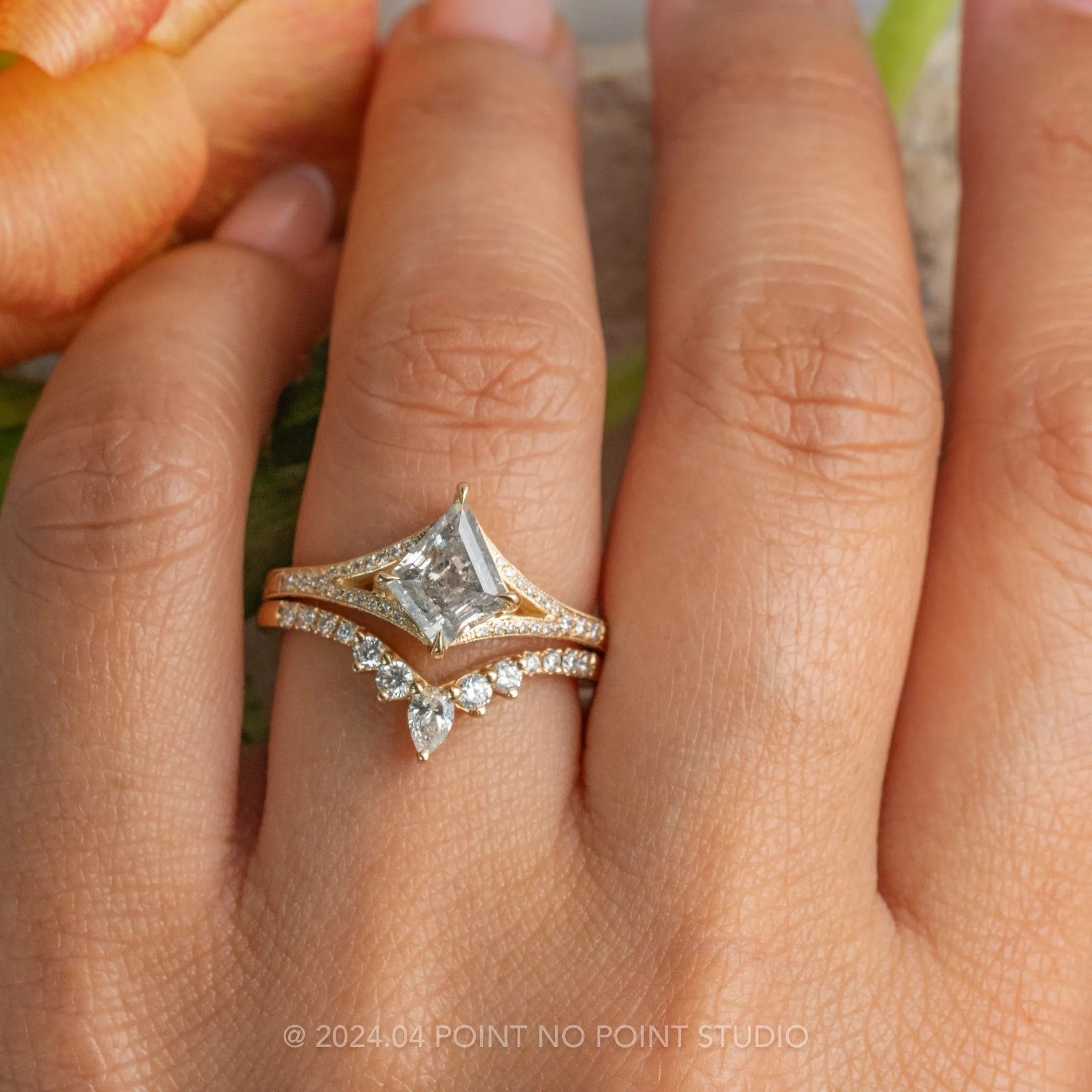 1.42 Carat Canadian Salt and Pepper Kite Diamond Engagement Ring, Engraved River Setting, 14k Yellow Gold