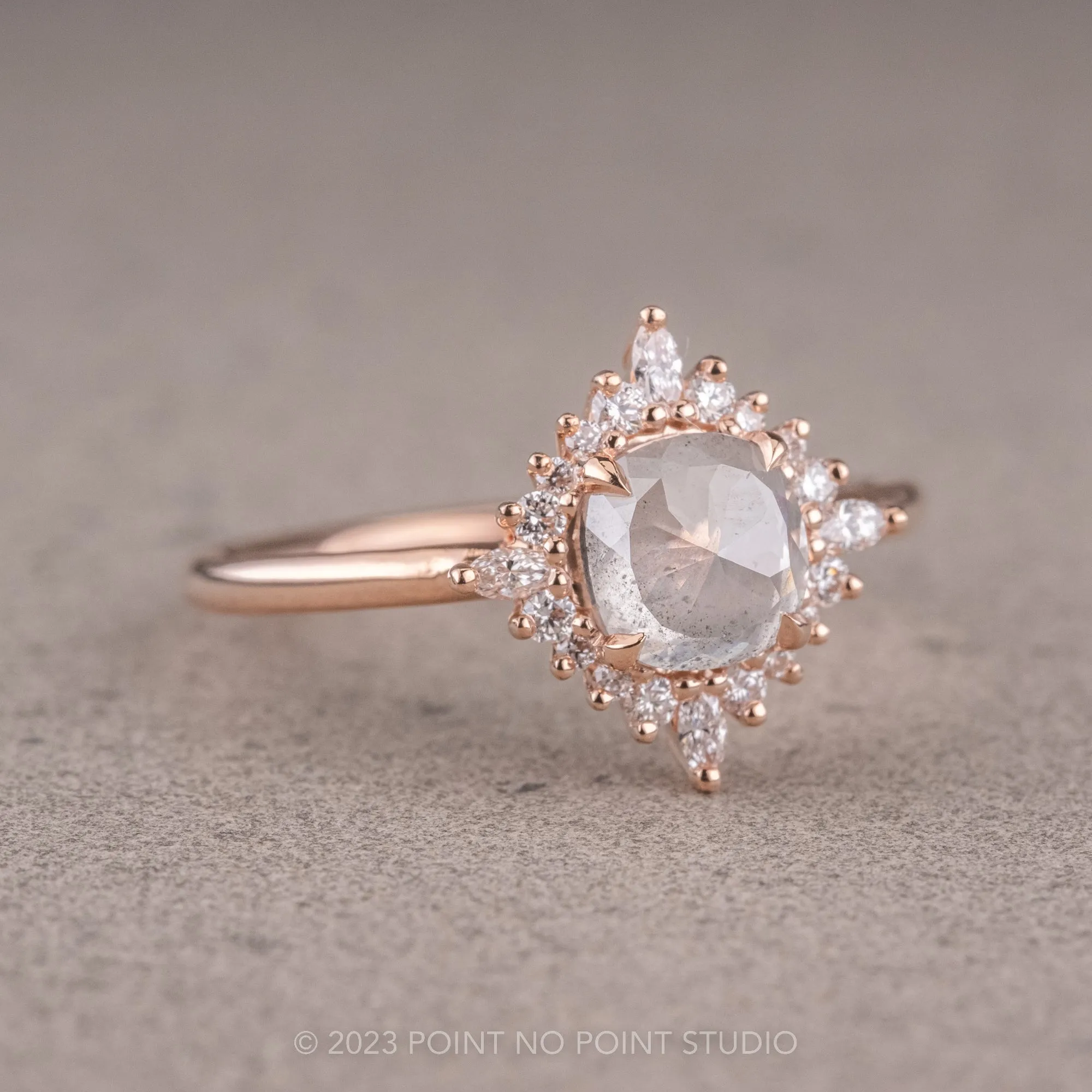 1.42 Carat Icy Grey Diamond Engagement Ring, Cosette Setting, 14k Rose Gold