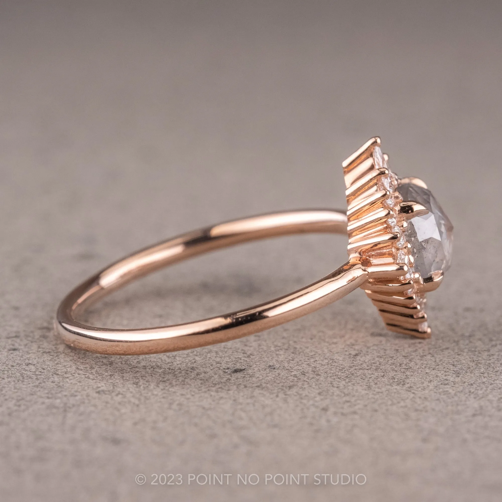 1.42 Carat Icy Grey Diamond Engagement Ring, Cosette Setting, 14k Rose Gold