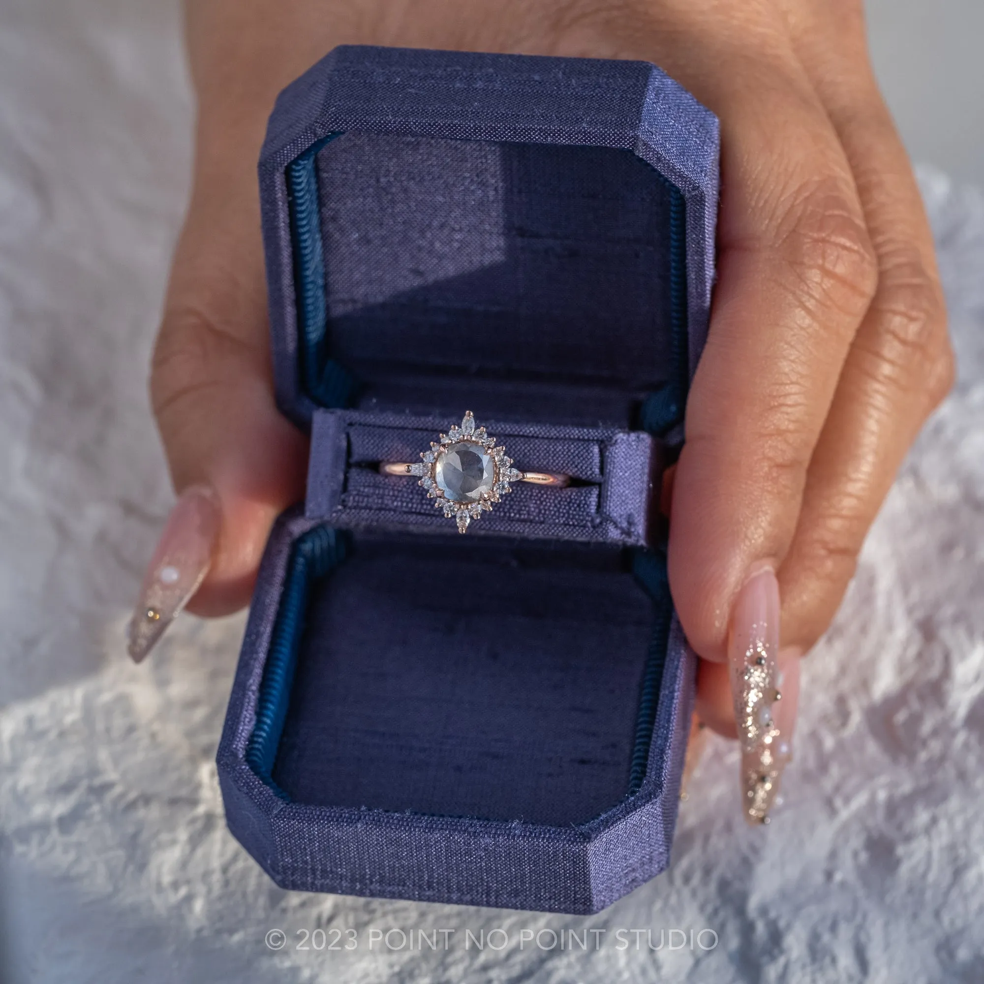 1.42 Carat Icy Grey Diamond Engagement Ring, Cosette Setting, 14k Rose Gold