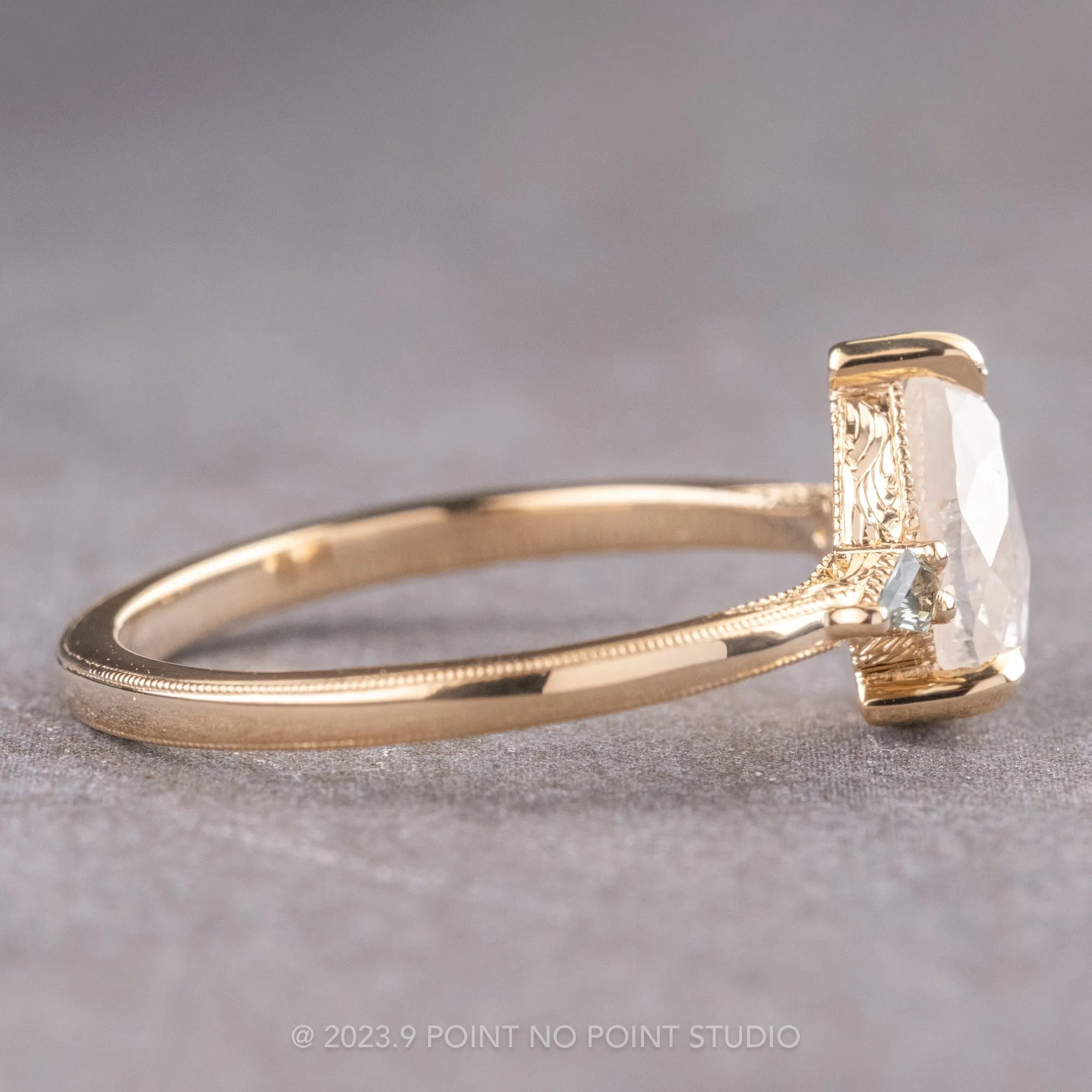1.44 Carat Icy White Pear Diamond Engagement Ring, Vintage Zoe Setting, 14K Yellow Gold