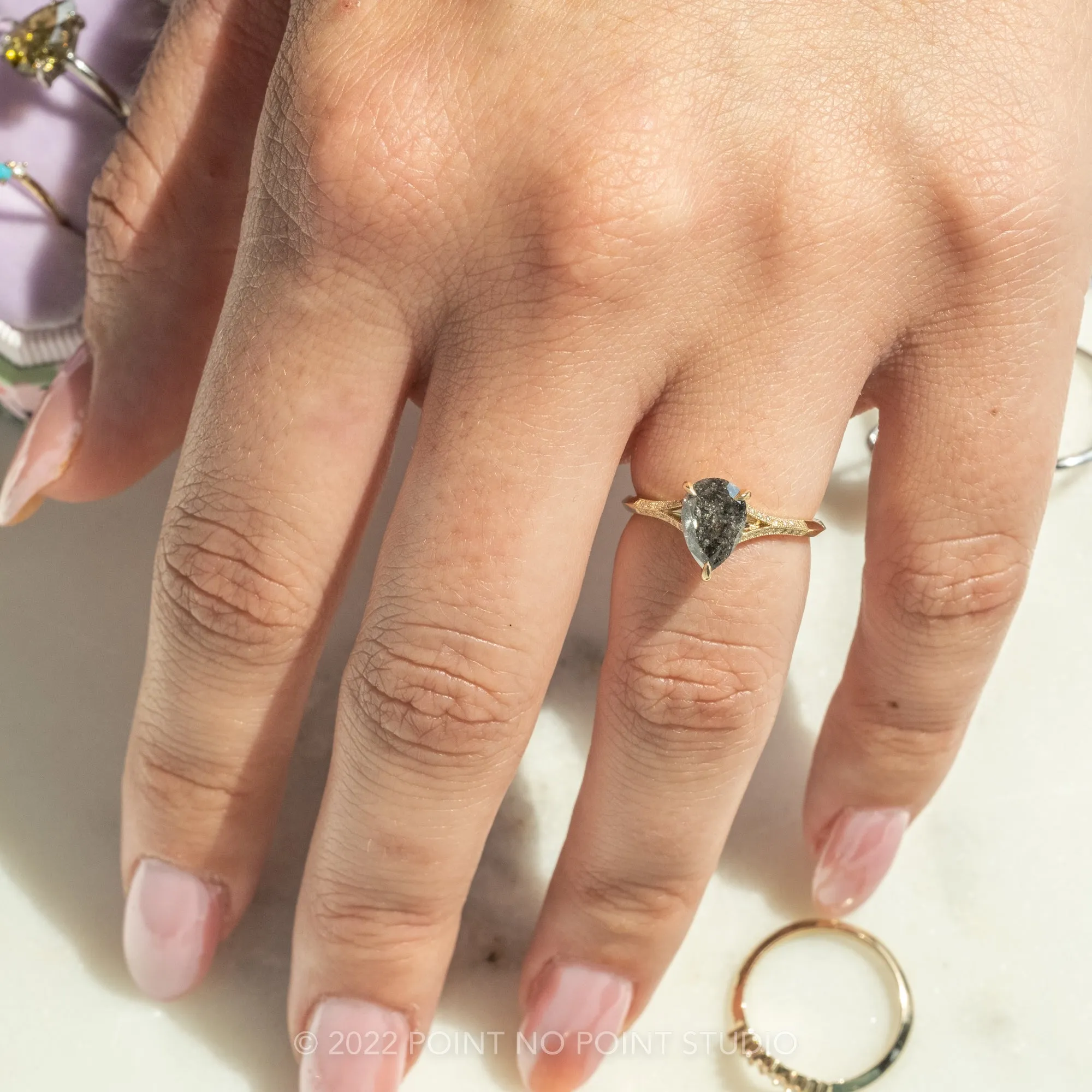 1.48 Carat Black Speckled Pear Diamond Engagement Ring, Mackenzie Setting, 14K Yellow Gold