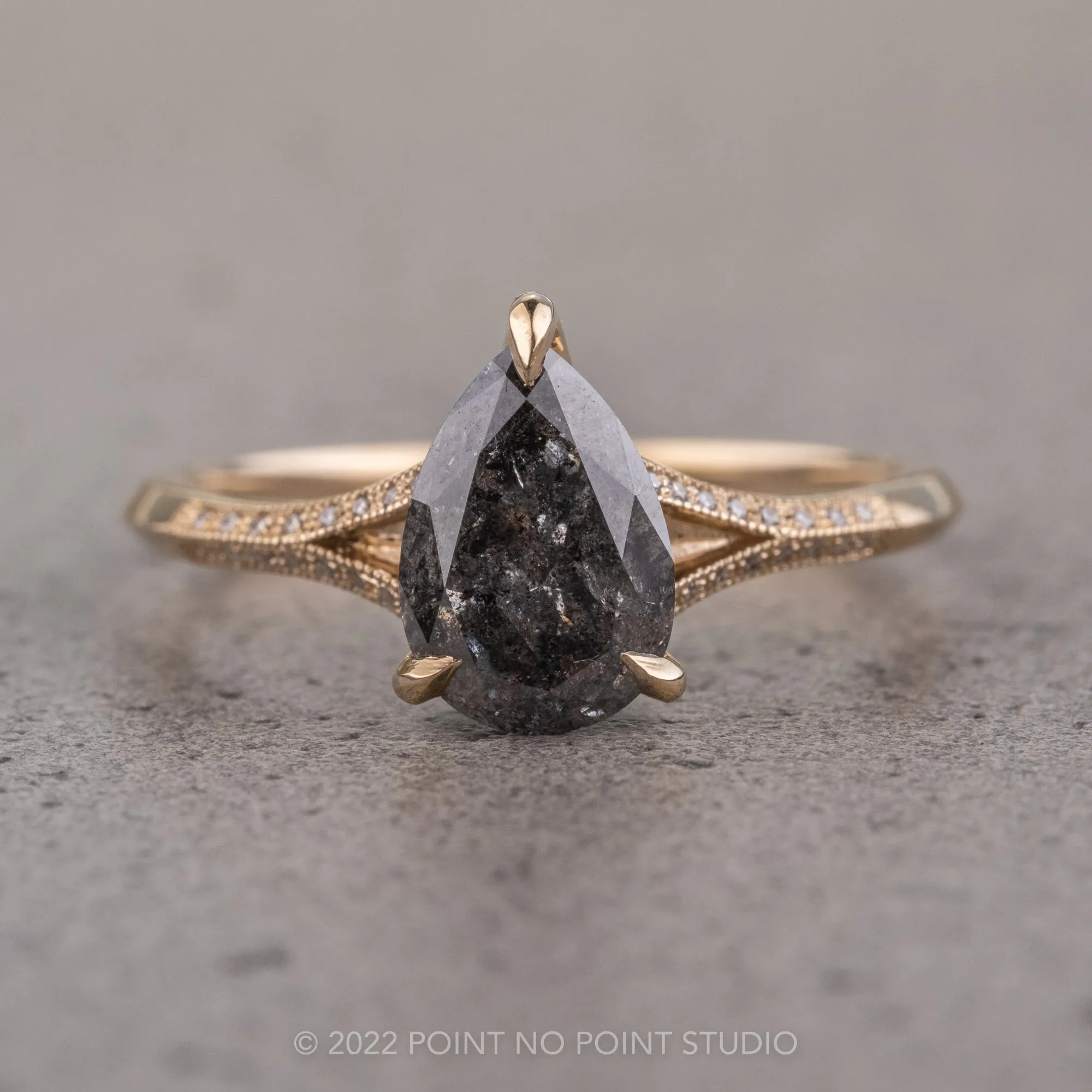 1.48 Carat Black Speckled Pear Diamond Engagement Ring, Mackenzie Setting, 14K Yellow Gold