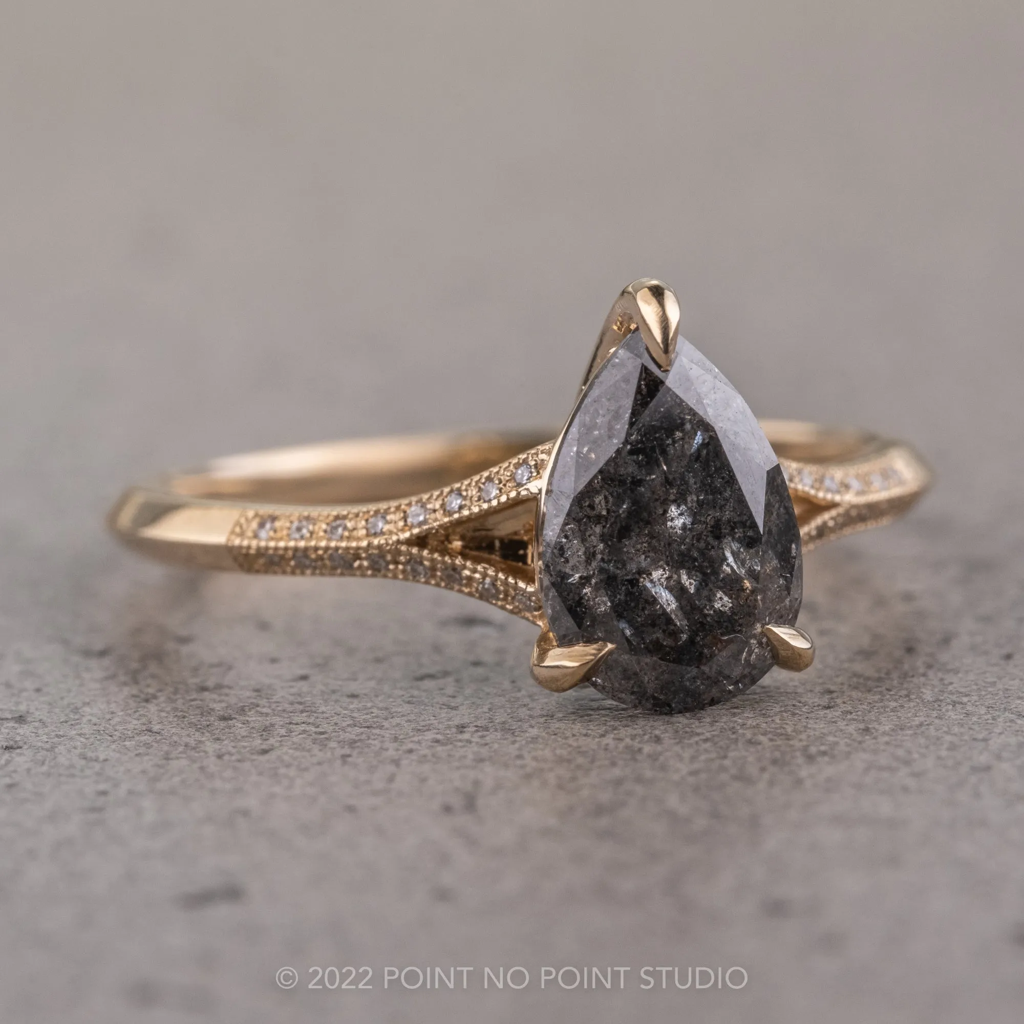 1.48 Carat Black Speckled Pear Diamond Engagement Ring, Mackenzie Setting, 14K Yellow Gold