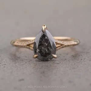 1.48 Carat Black Speckled Pear Diamond Engagement Ring, Mackenzie Setting, 14K Yellow Gold