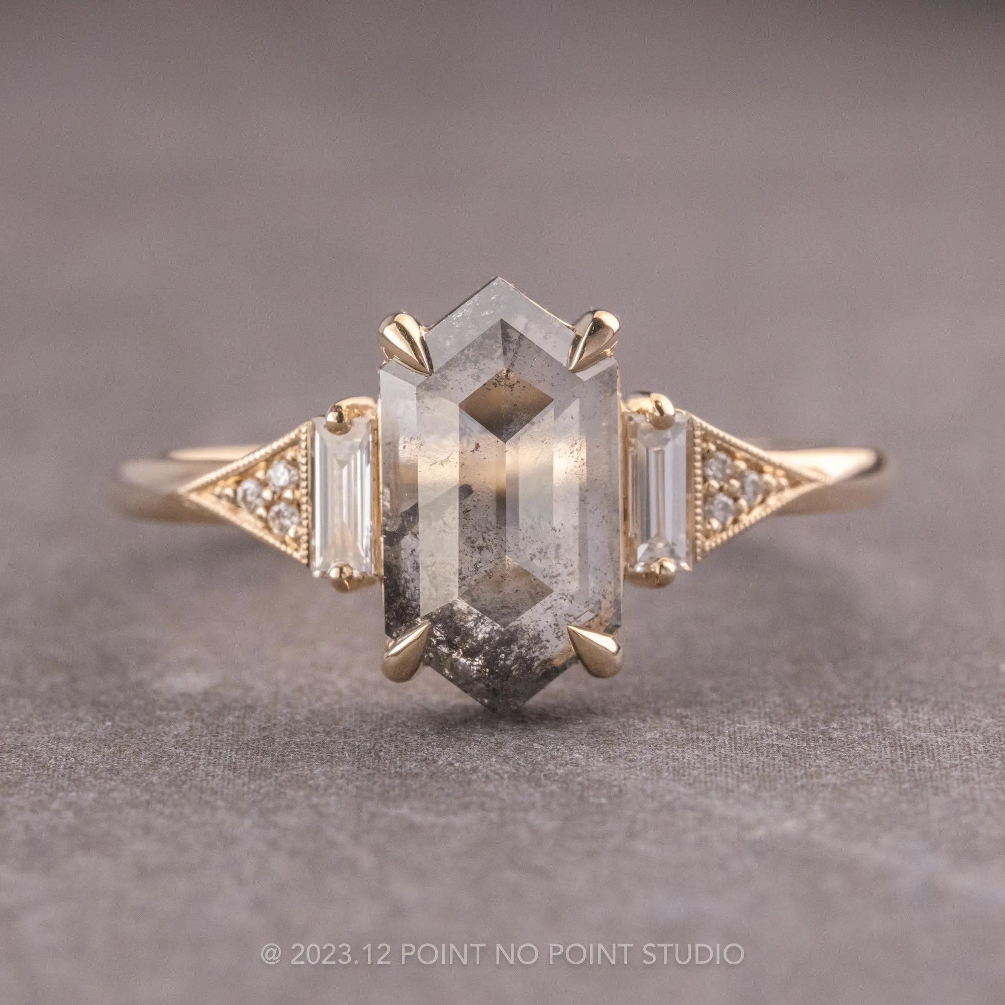 1.48 Carat Salt and Pepper Hexagon Diamond Engagement Ring, Azalea Setting, 14K Yellow Gold