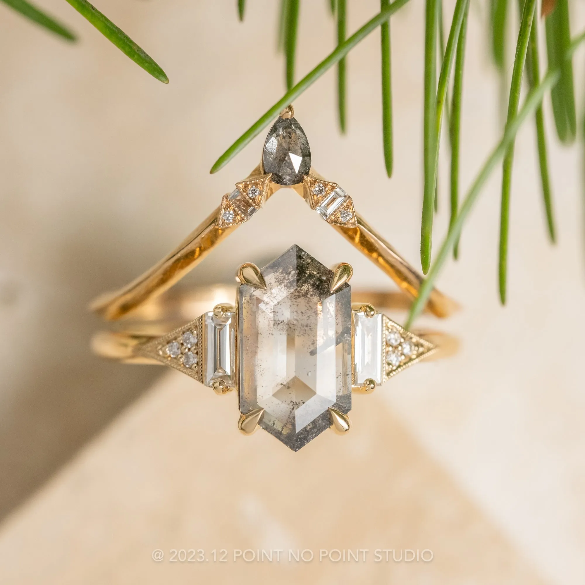 1.48 Carat Salt and Pepper Hexagon Diamond Engagement Ring, Azalea Setting, 14K Yellow Gold
