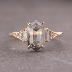 1.48 Carat Salt and Pepper Hexagon Diamond Engagement Ring, Azalea Setting, 14K Yellow Gold