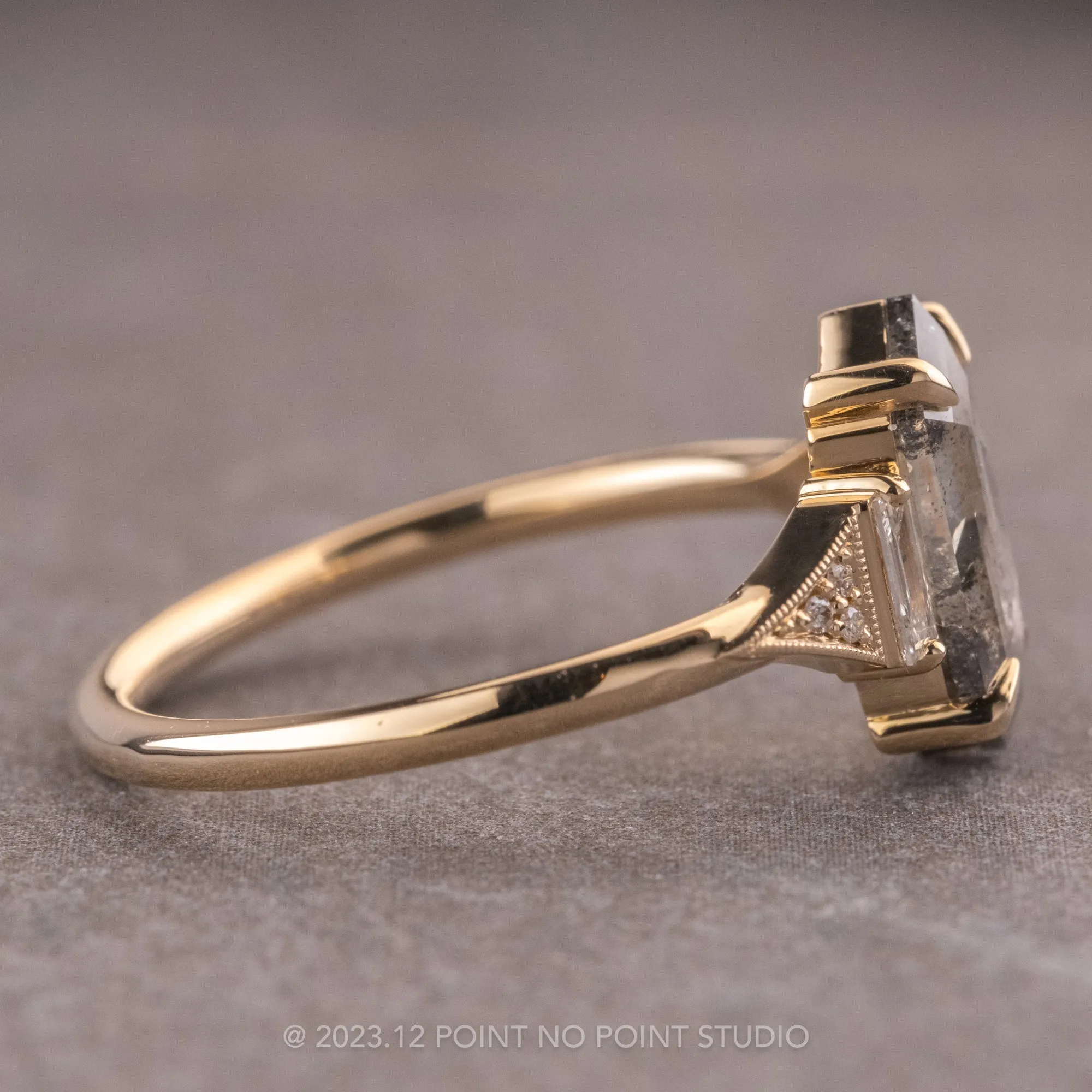 1.48 Carat Salt and Pepper Hexagon Diamond Engagement Ring, Azalea Setting, 14K Yellow Gold