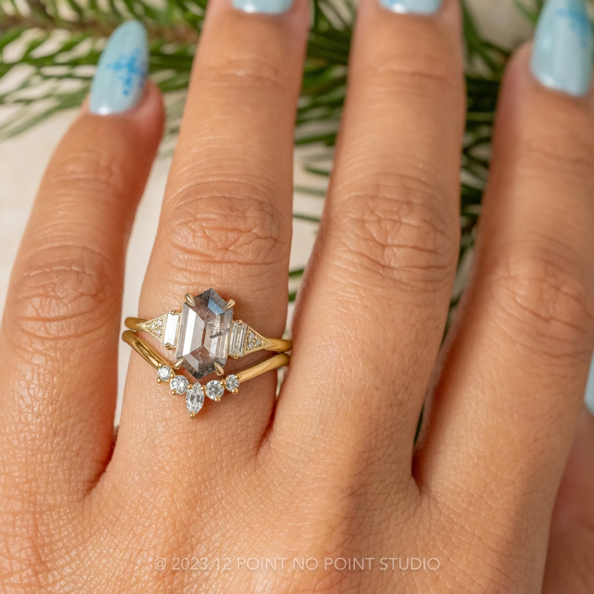 1.48 Carat Salt and Pepper Hexagon Diamond Engagement Ring, Azalea Setting, 14K Yellow Gold