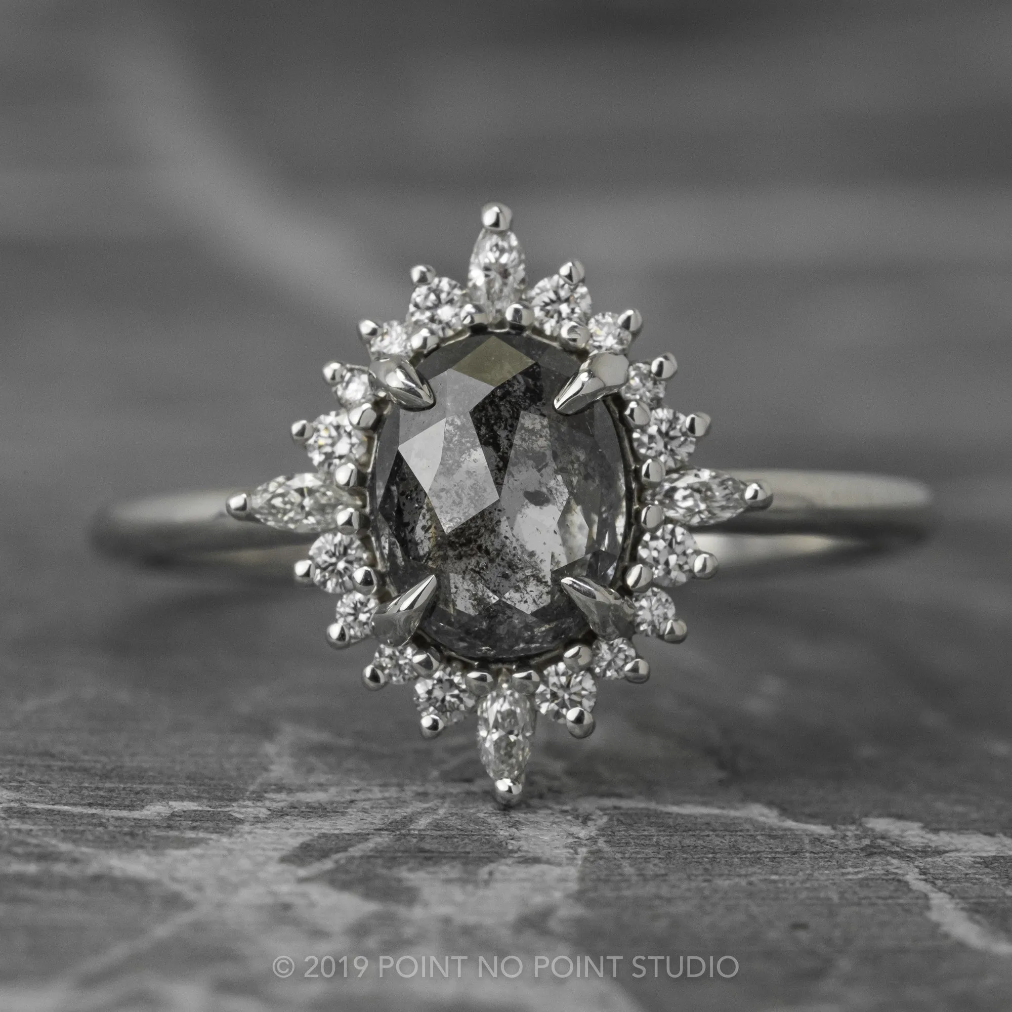 1.49 Carat Black Speckled Oval Diamond Engagement Ring, Cosette Setting, 14K White Gold