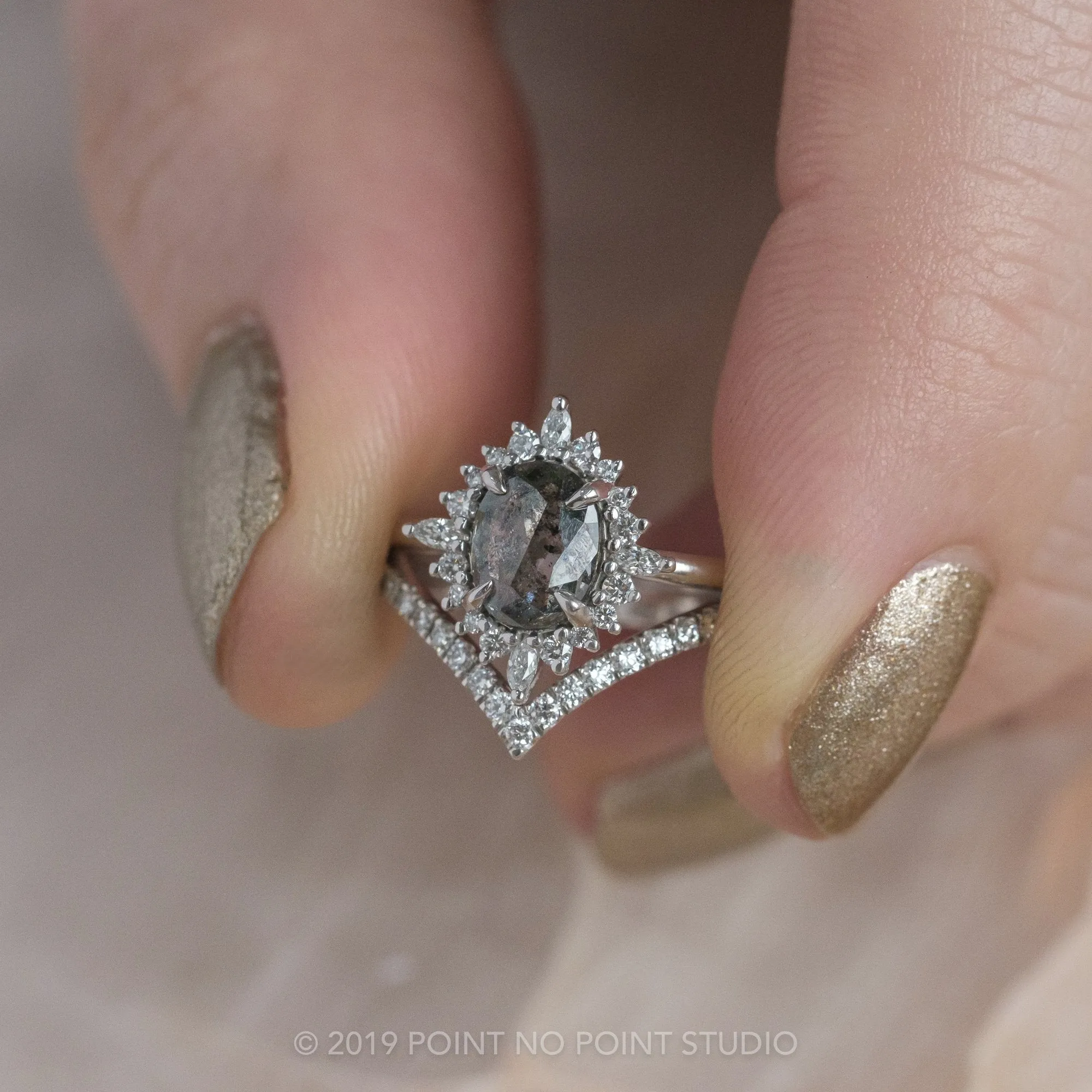 1.49 Carat Black Speckled Oval Diamond Engagement Ring, Cosette Setting, 14K White Gold