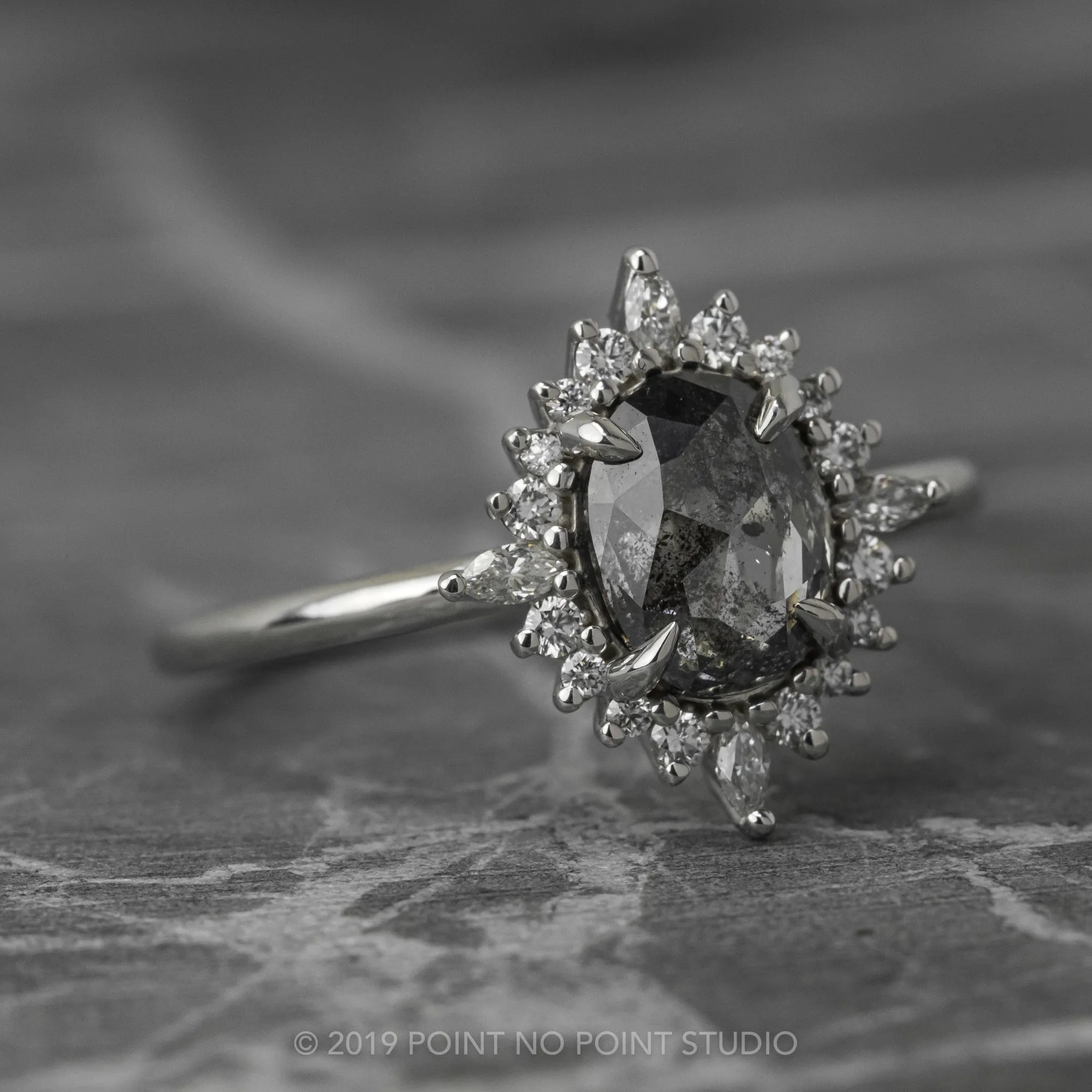 1.49 Carat Black Speckled Oval Diamond Engagement Ring, Cosette Setting, 14K White Gold